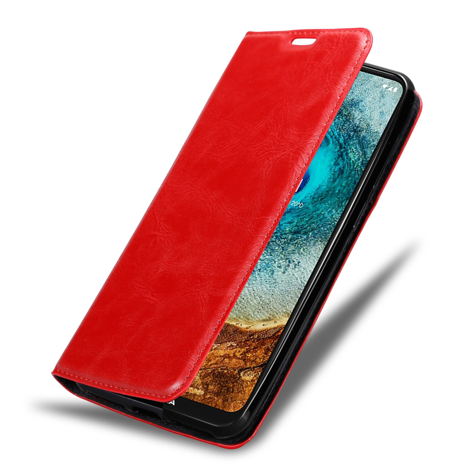 Rote Leder-Handyhülle, offen, zeigt Telefonbildschirm mit Landschaftsfoto und schwarzem Rahmen.