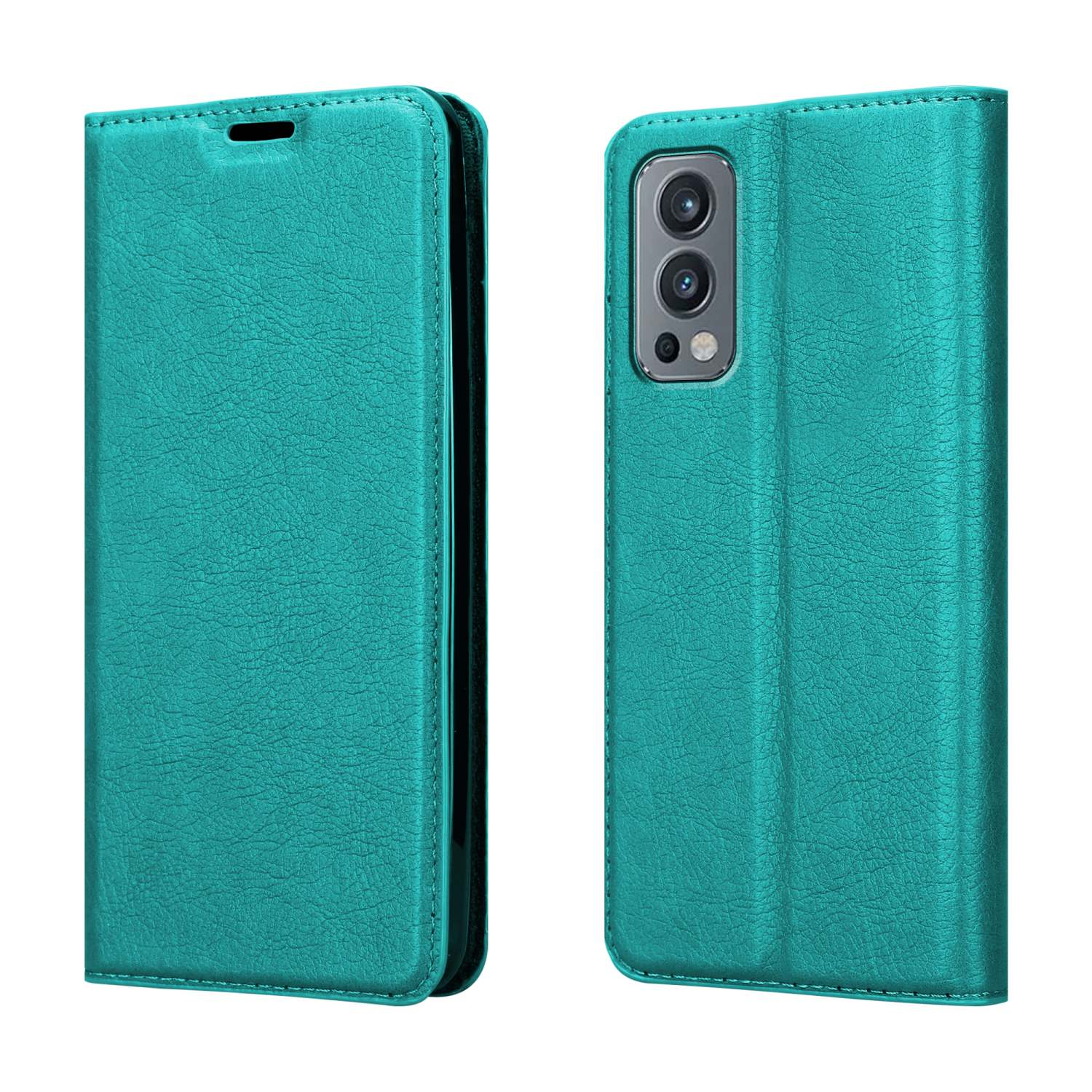 Custodia per telefono teal in due parti, aperta e chiusa, che mostra fotocamera e schermo del telefono.