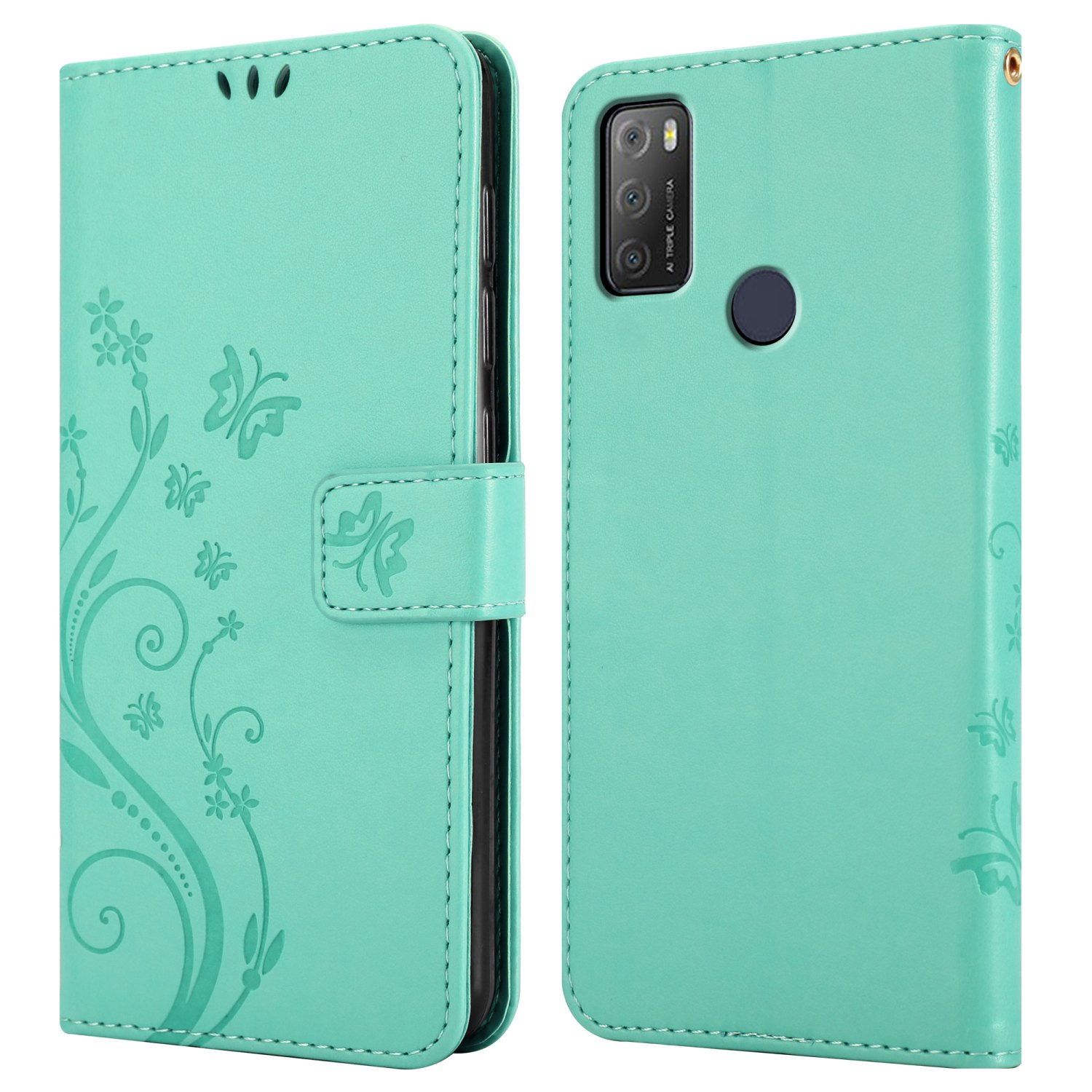 Custodia per telefono verde menta. La custodia ha un design a farfalla e fiori.
