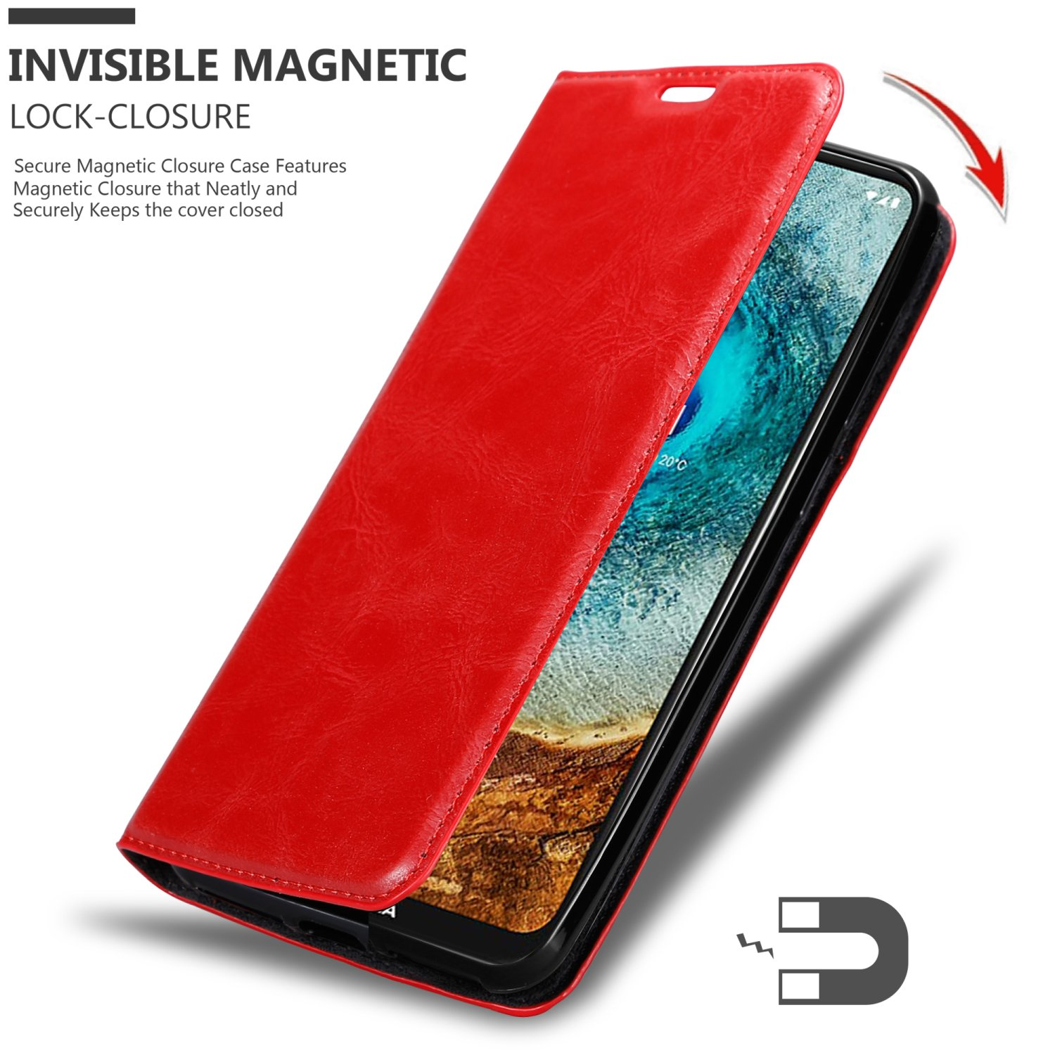 Rote Handyhülle, offen, zeigt Telefon. Magnetverschluss-Detail. Weißer Hintergrund.