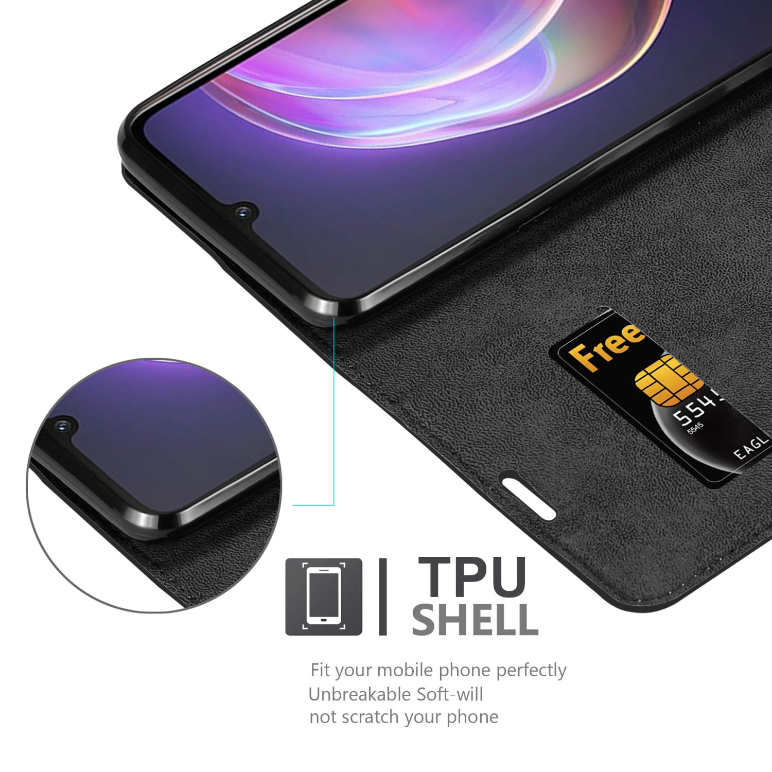 Telefon in schwarzer Geldbörsenhülle. Eine kostenlose SIM-Karte ist sichtbar. Text lautet: TPU Shell. Schwarzer Hintergrund.