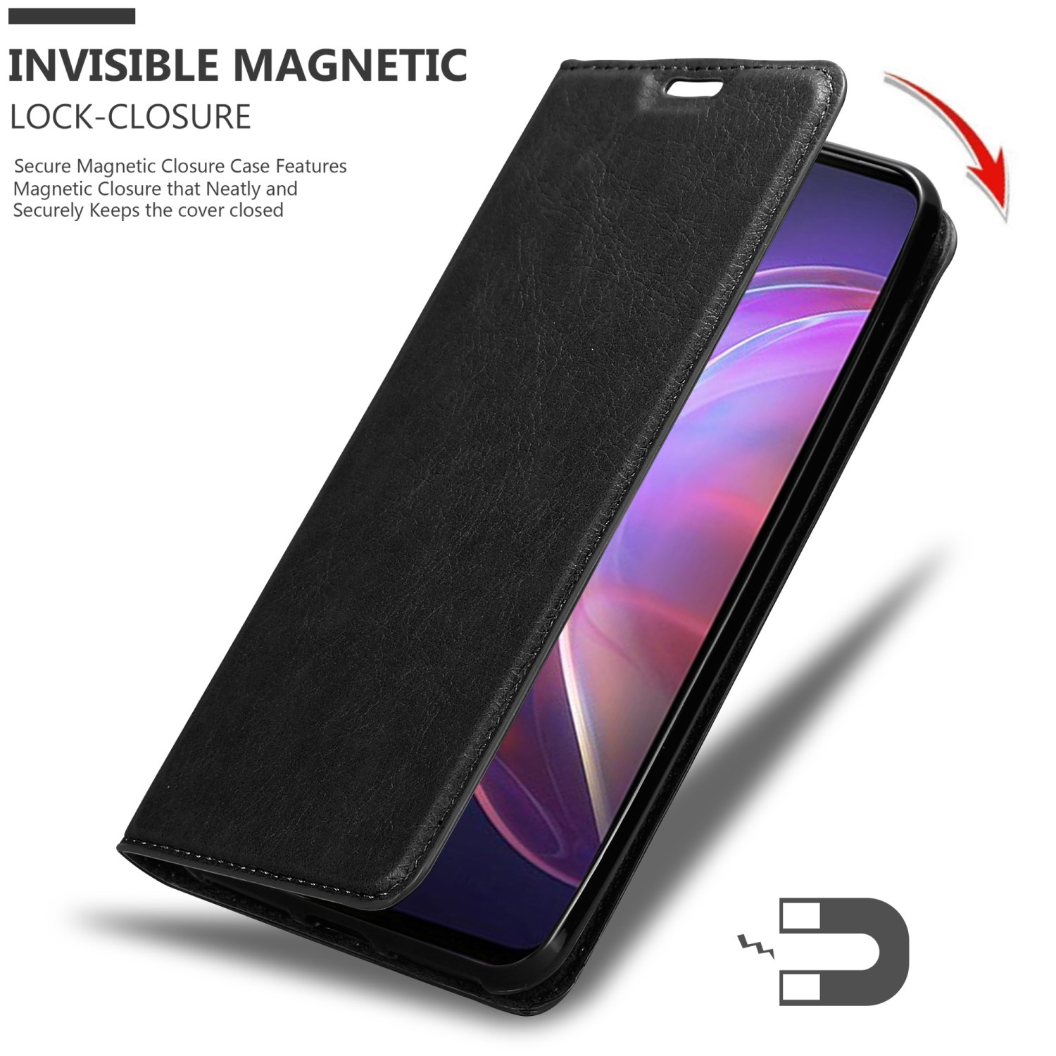 Schwarze Handyhülle geöffnet, das Telefon zeigend. Ein Pfeil und ein Magnetsymbol werden angezeigt.