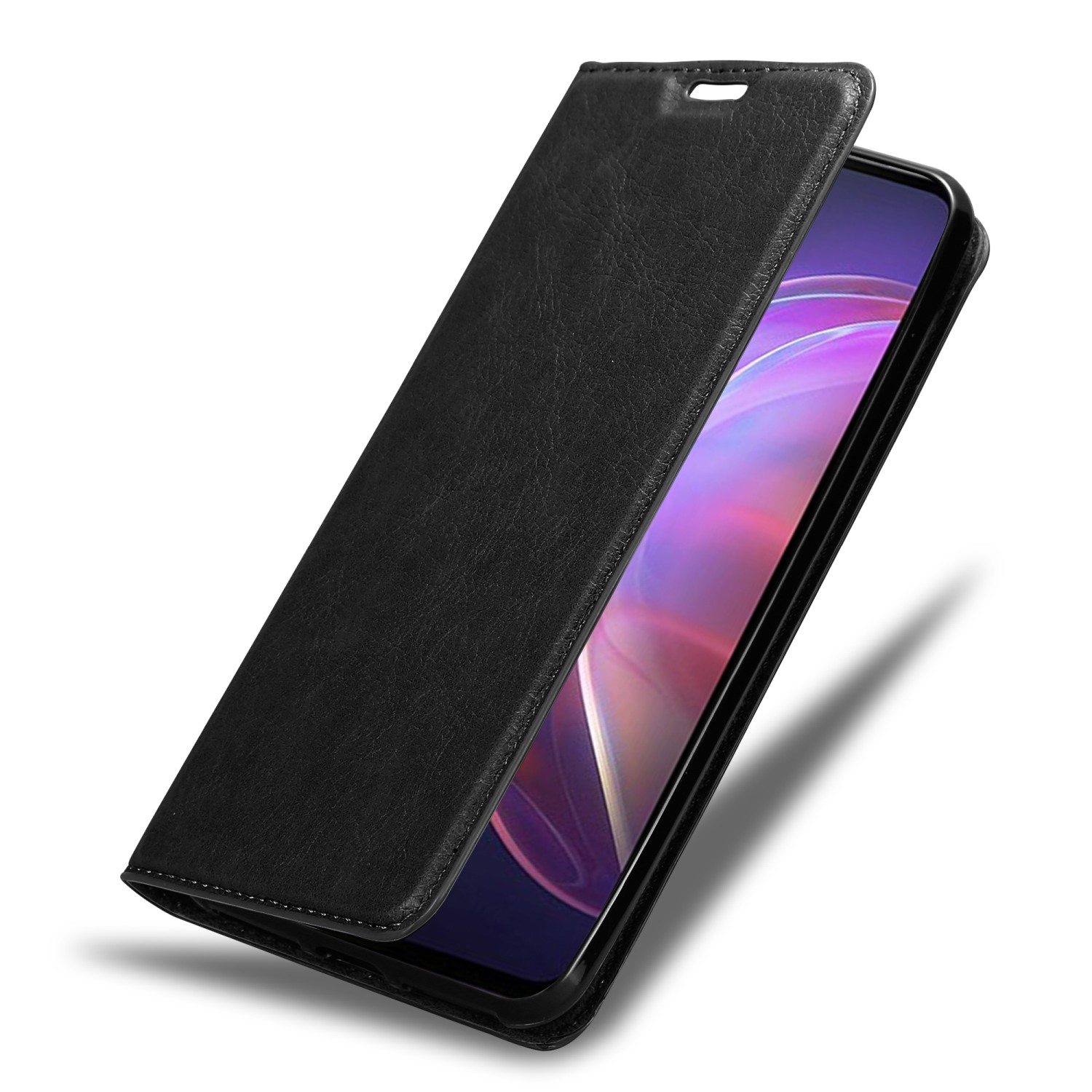 Schwarze Leder-Handyhülle offen, zeigt ein Handy. Die Hülle ist strukturiert und hat einen Magnetverschluss.