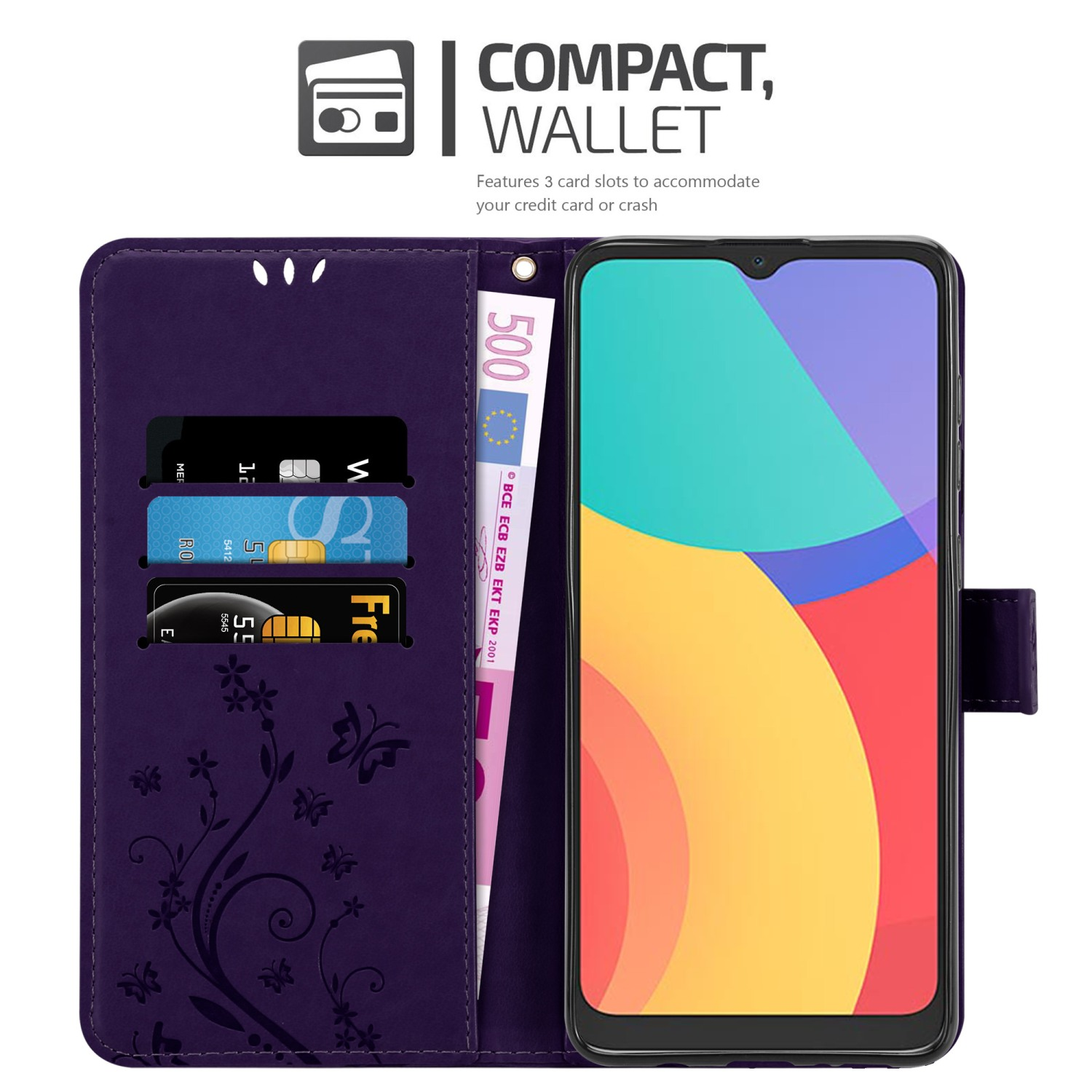 Custodia per telefono viola con fessure per carte e scomparto per banconote, con telefono e carta di credito.