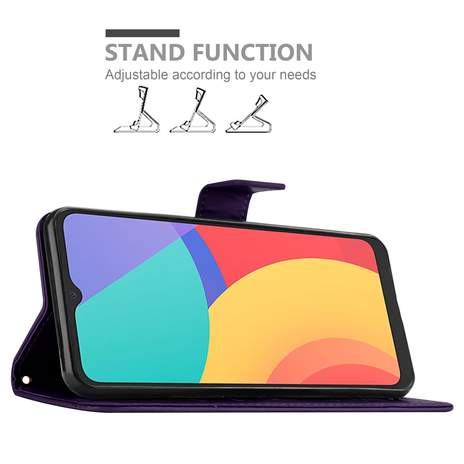 Custodia viola con funzione stand. Telefono mostra sfondo astratto. Tre posizioni di supporto.
