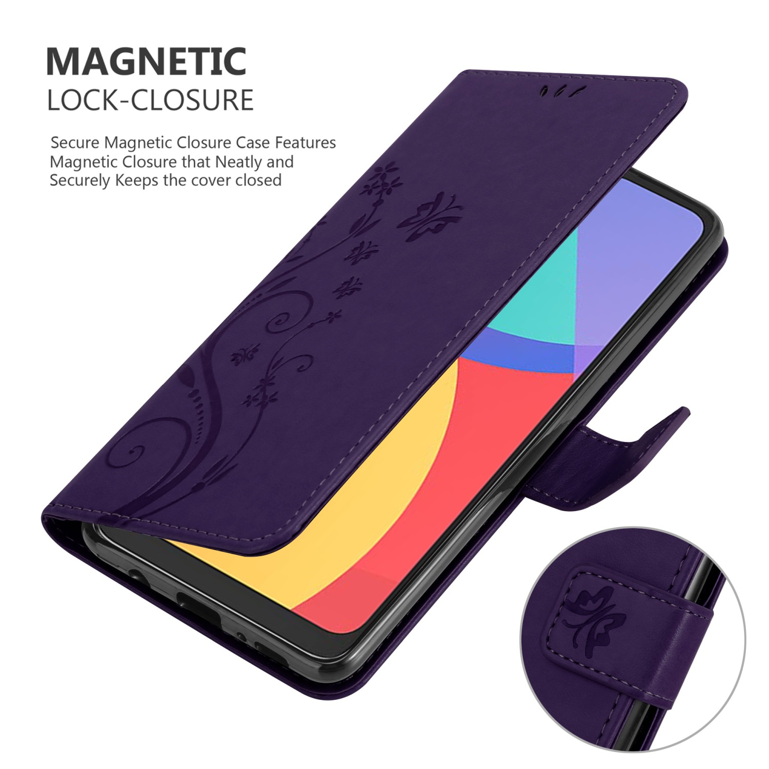 Custodia per telefono viola aperta, che rivela un telefono con schermo colorato. Design floreale. Chiusura magnetica.