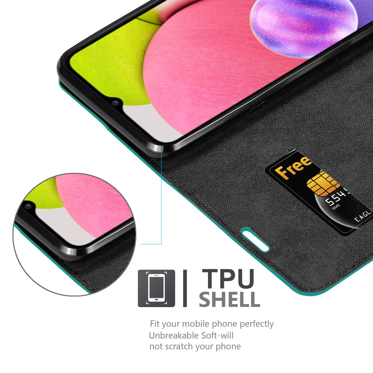 Custodia per telefono nera, verde, con fessura per carte. Mostra lo schermo. Testo guscio TPU.