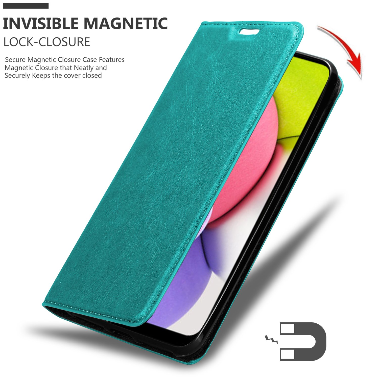 Custodia del telefono verde acqua aperta, che rivela un telefono. Testo: Chiusura magnetica invisibile.