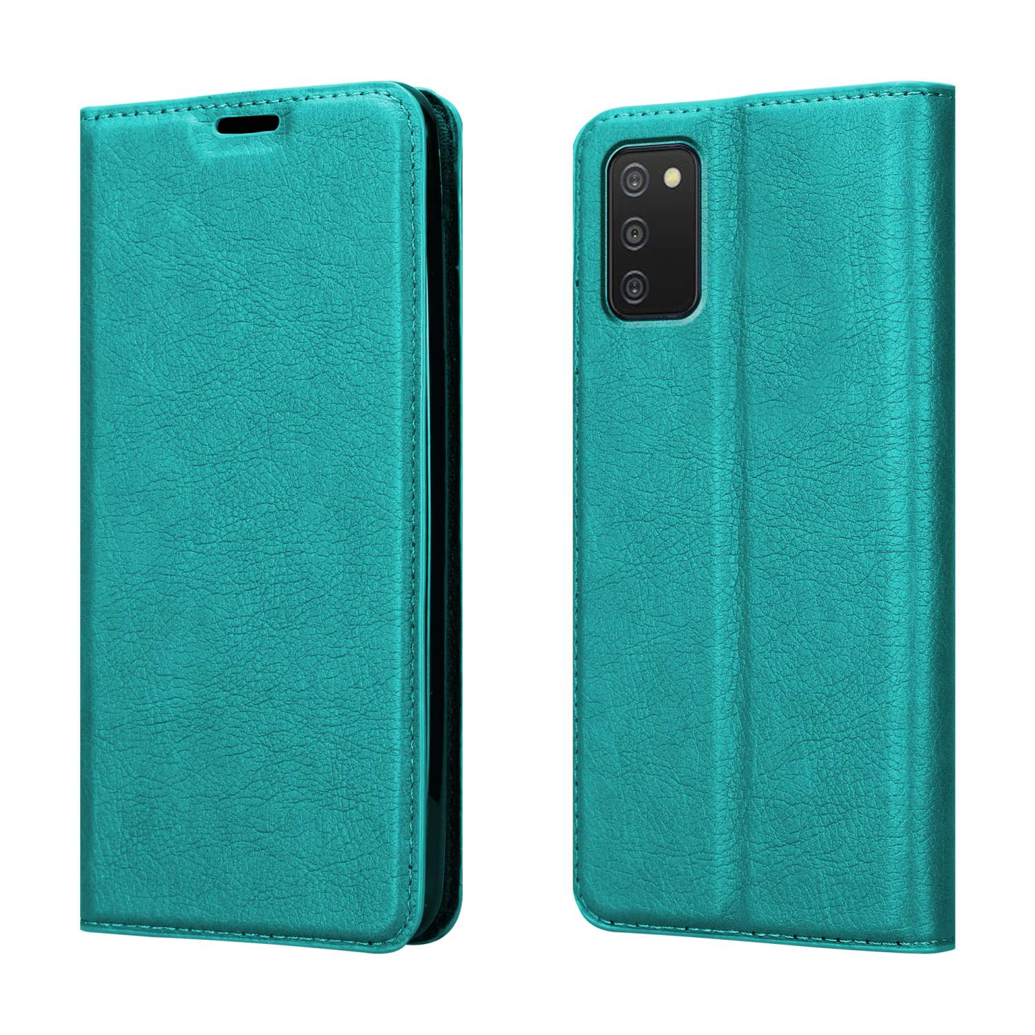 Una custodia per telefono in pelle verde acqua, aperta per mostrare il telefono, con una finitura strutturata.