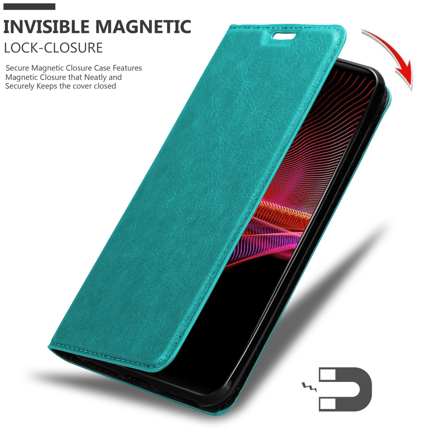 Custodia per telefono verde aperta per rivelare lo schermo del telefono. Ha una chiusura magnetica invisibile.