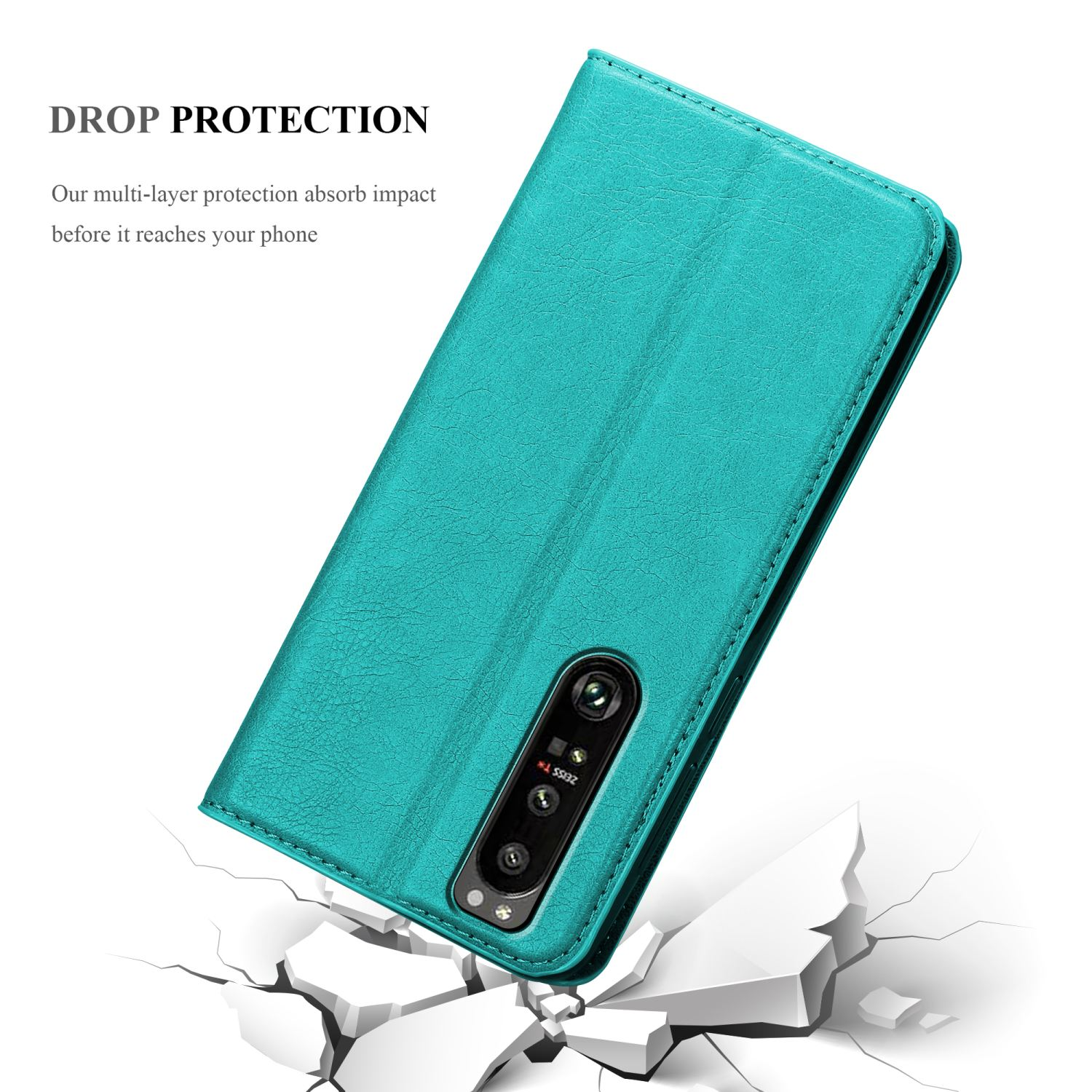 Custodia del telefono verde acqua con telefono all'interno, effetto suolo incrinato e testo.