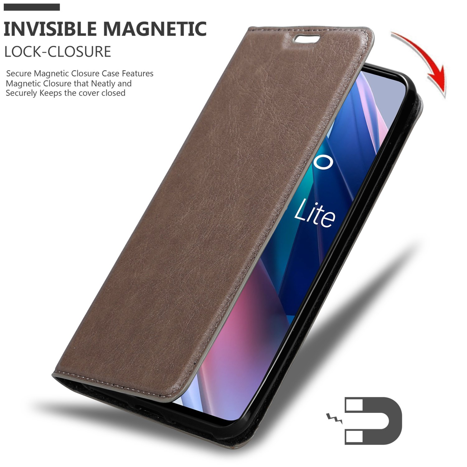 Una custodia per telefono marrone è aperta, rivelando un telefono. Un cartello magnetico è sotto.