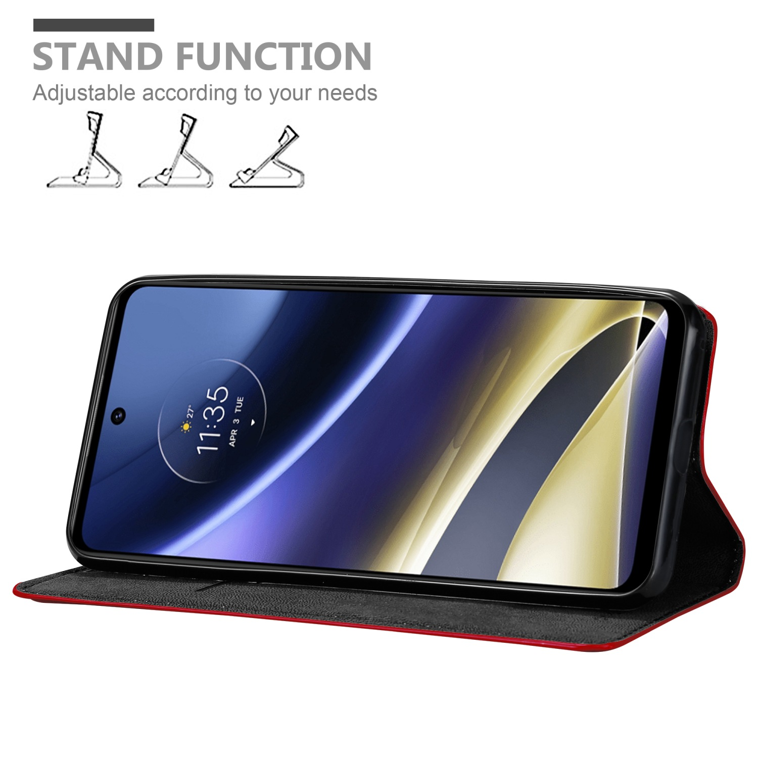 Un telefono in una custodia rossa è su un tavolo. Testo: Funzione supporto. Tre diagrammi.