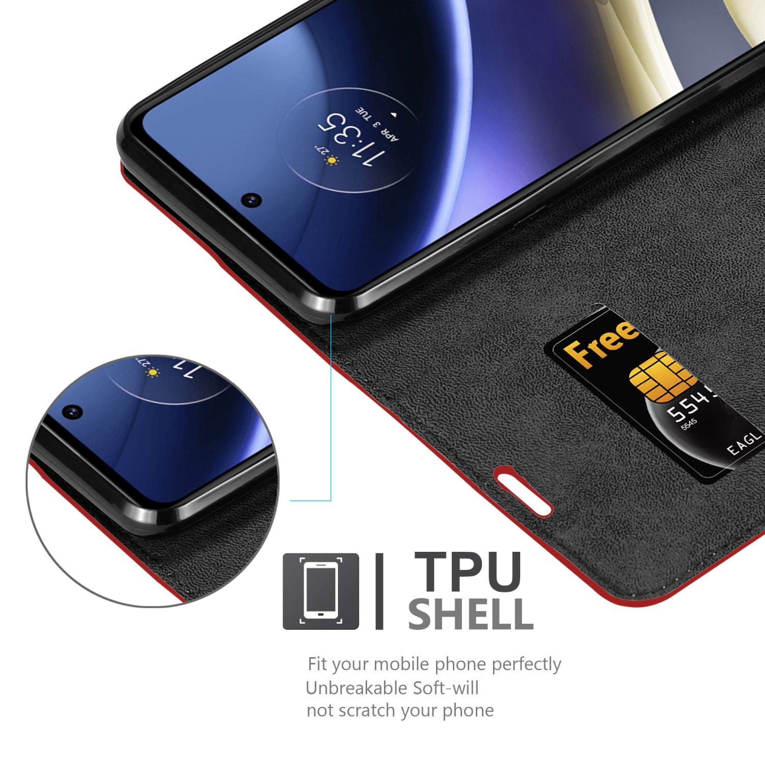 Custodia per telefono nera con slot per schede. Telefono all'interno con una scheda SIM.