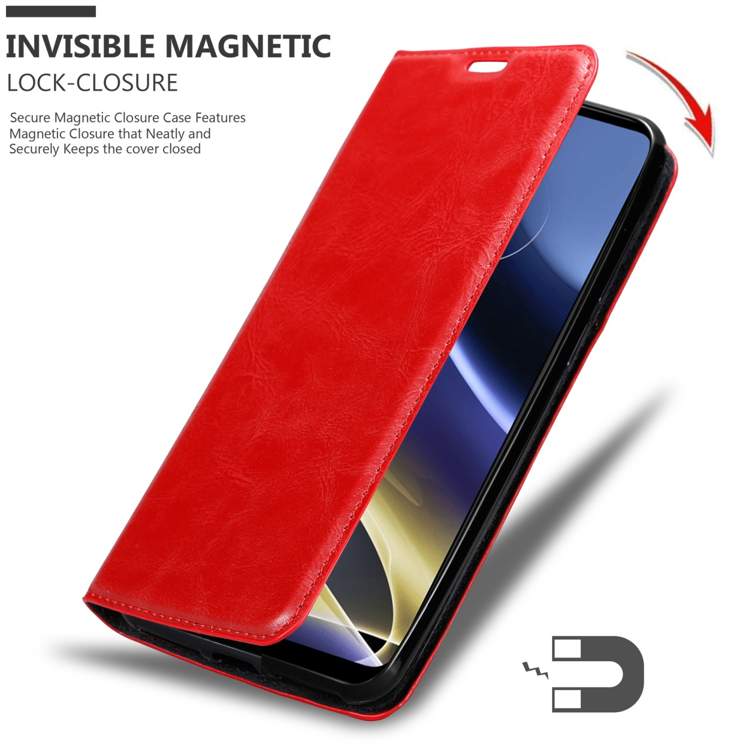Una custodia per telefono rossa con chiusura magnetica, aperta per rivelare il telefono all'interno. Mostra il design della chiusura magnetica.
