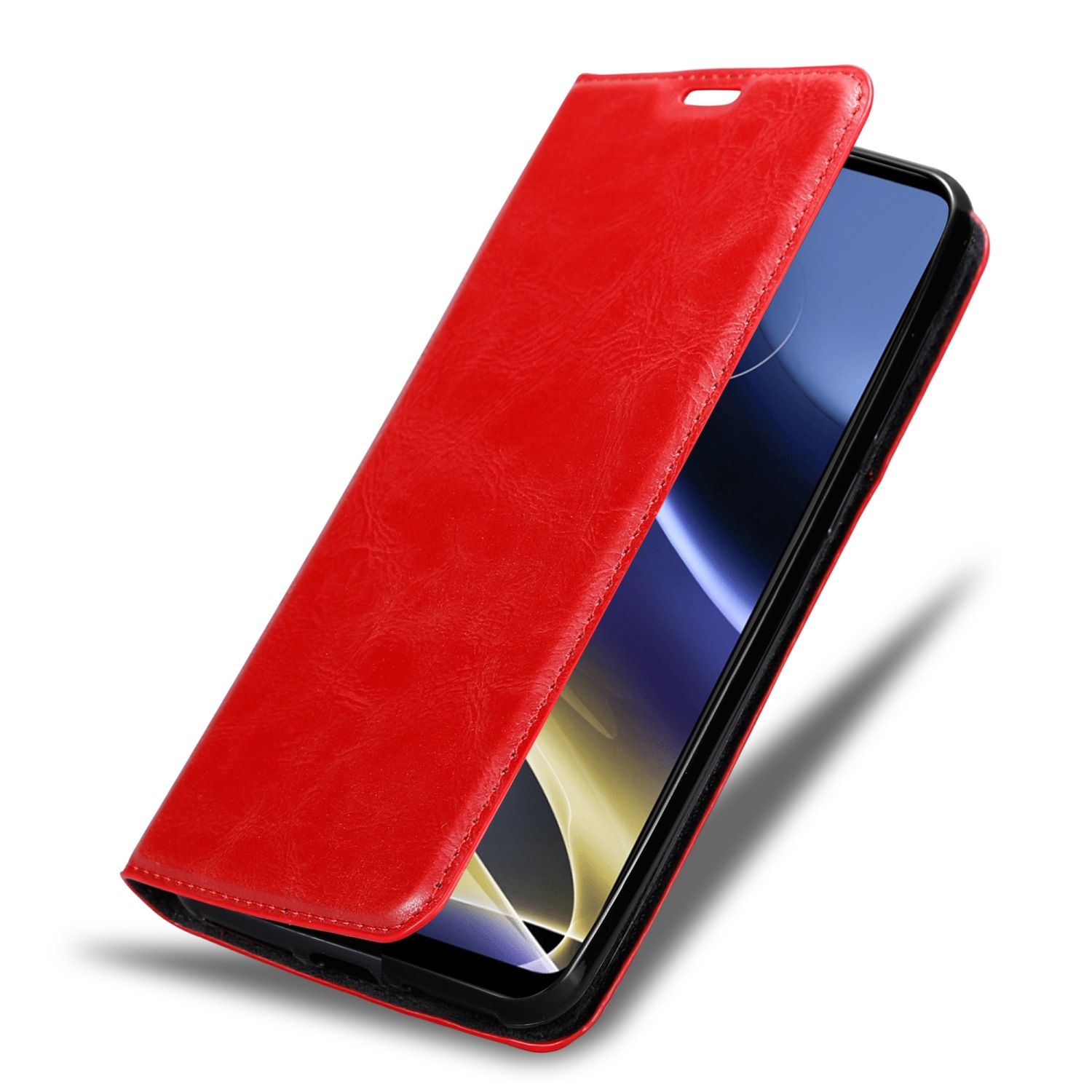 Custodia per telefono in pelle rossa, aperta, con un telefono all'interno e un bordo nero.