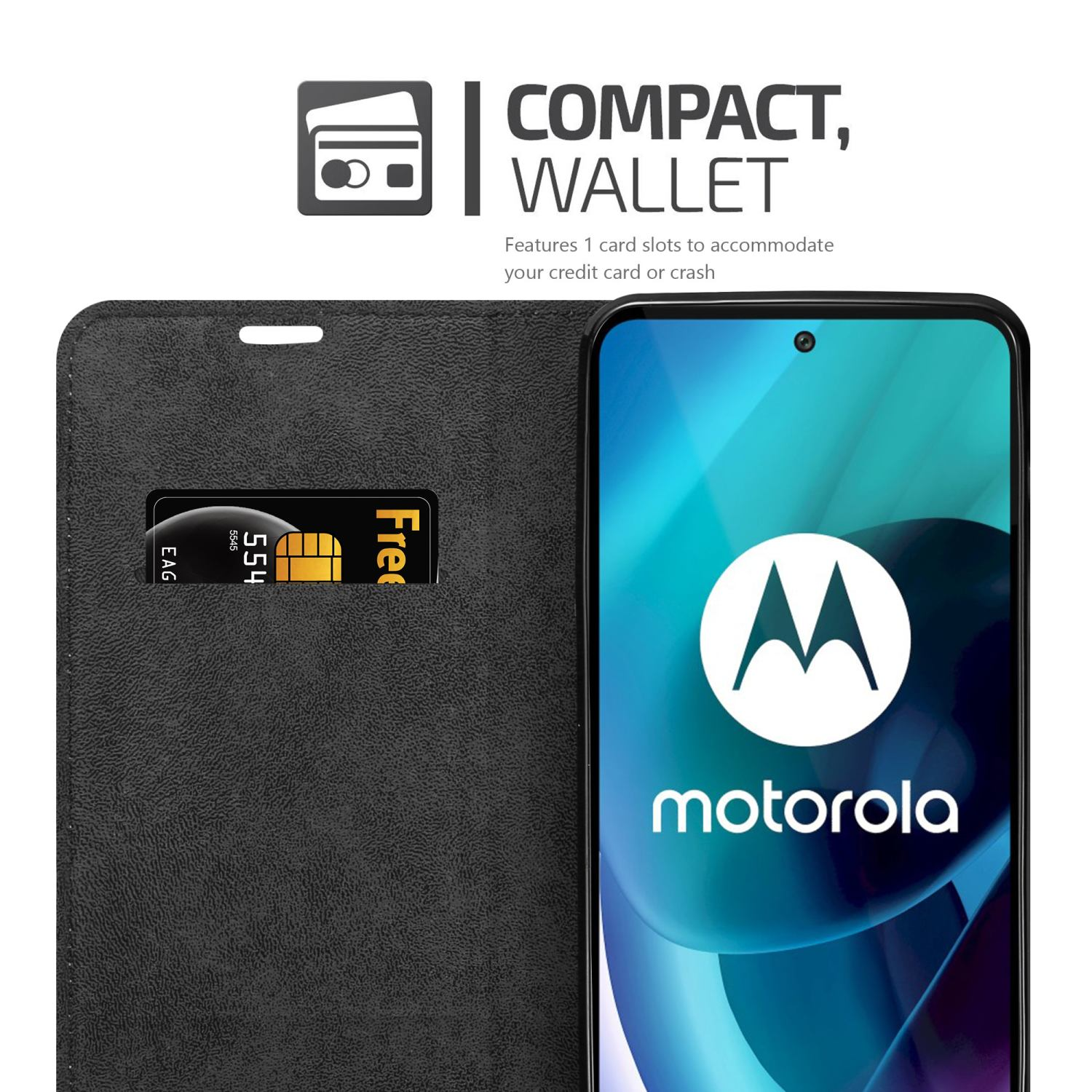 Custodia nera per telefono con carta di credito nella fessura e logo Motorola sullo schermo.