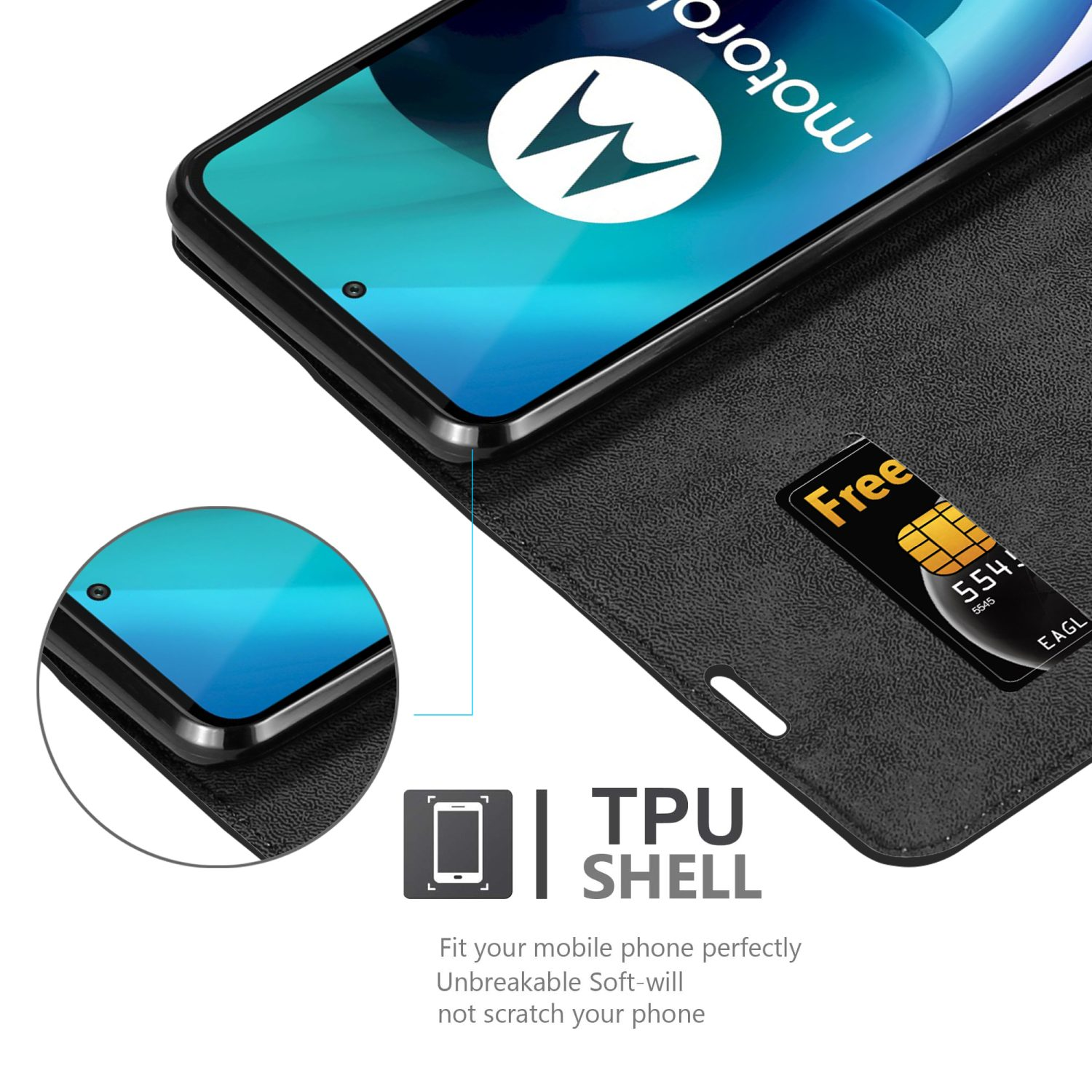 Un telefono in una custodia in pelle nera, con una SIM card visibile, su sfondo bianco e testo della scocca in TPU.