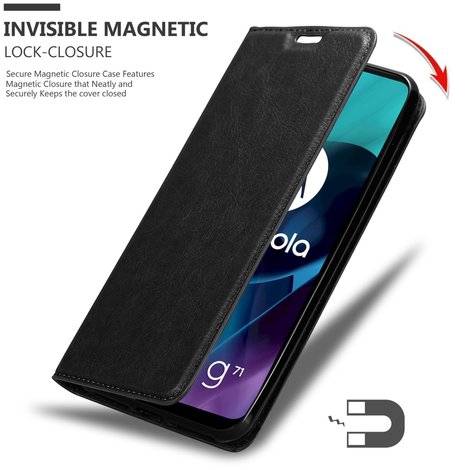 Custodia per telefono nera con chiusura magnetica, aperta, mostra il telefono.
