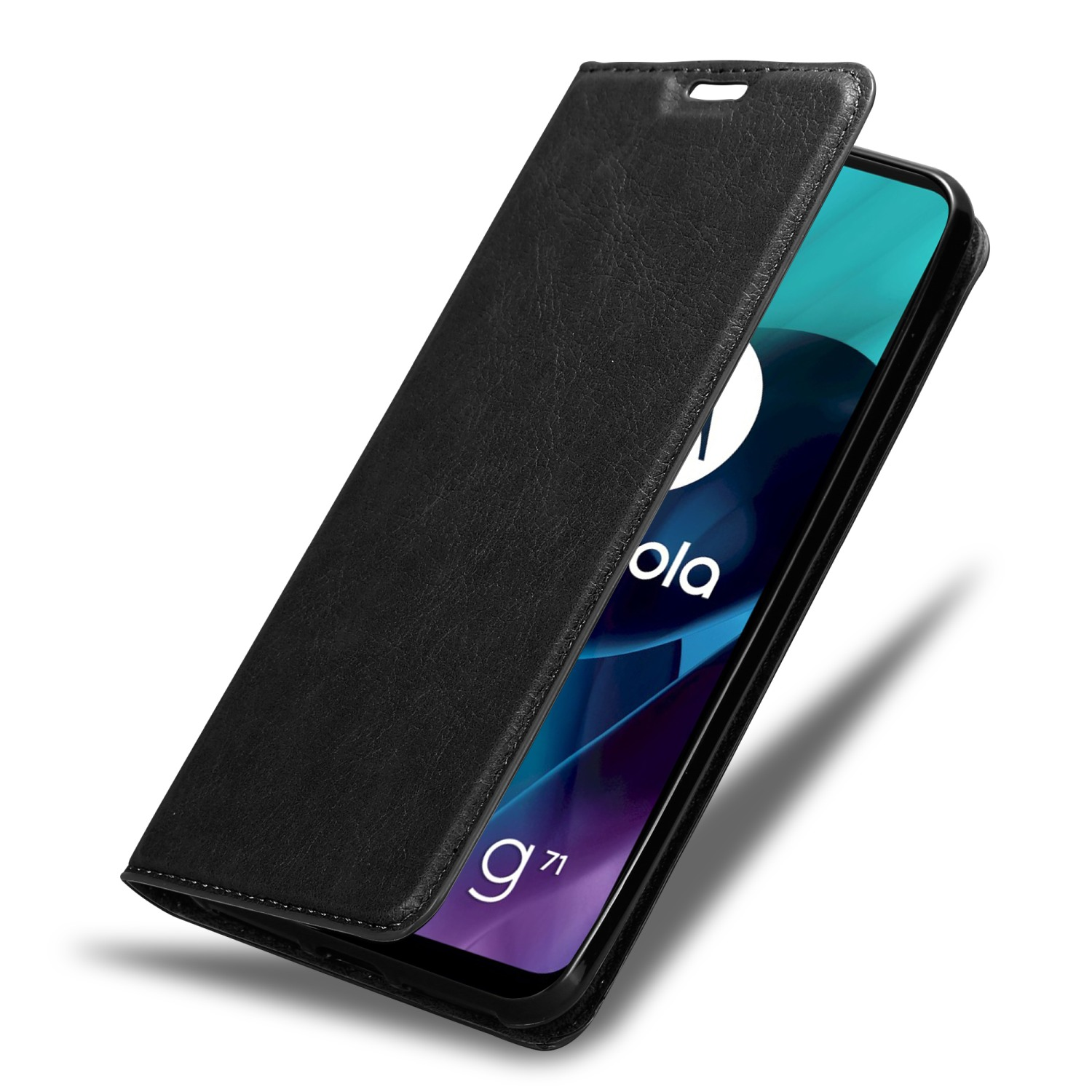 Custodia per telefono in pelle nera, con un telefono all'interno. Il telefono è nero e aperto.