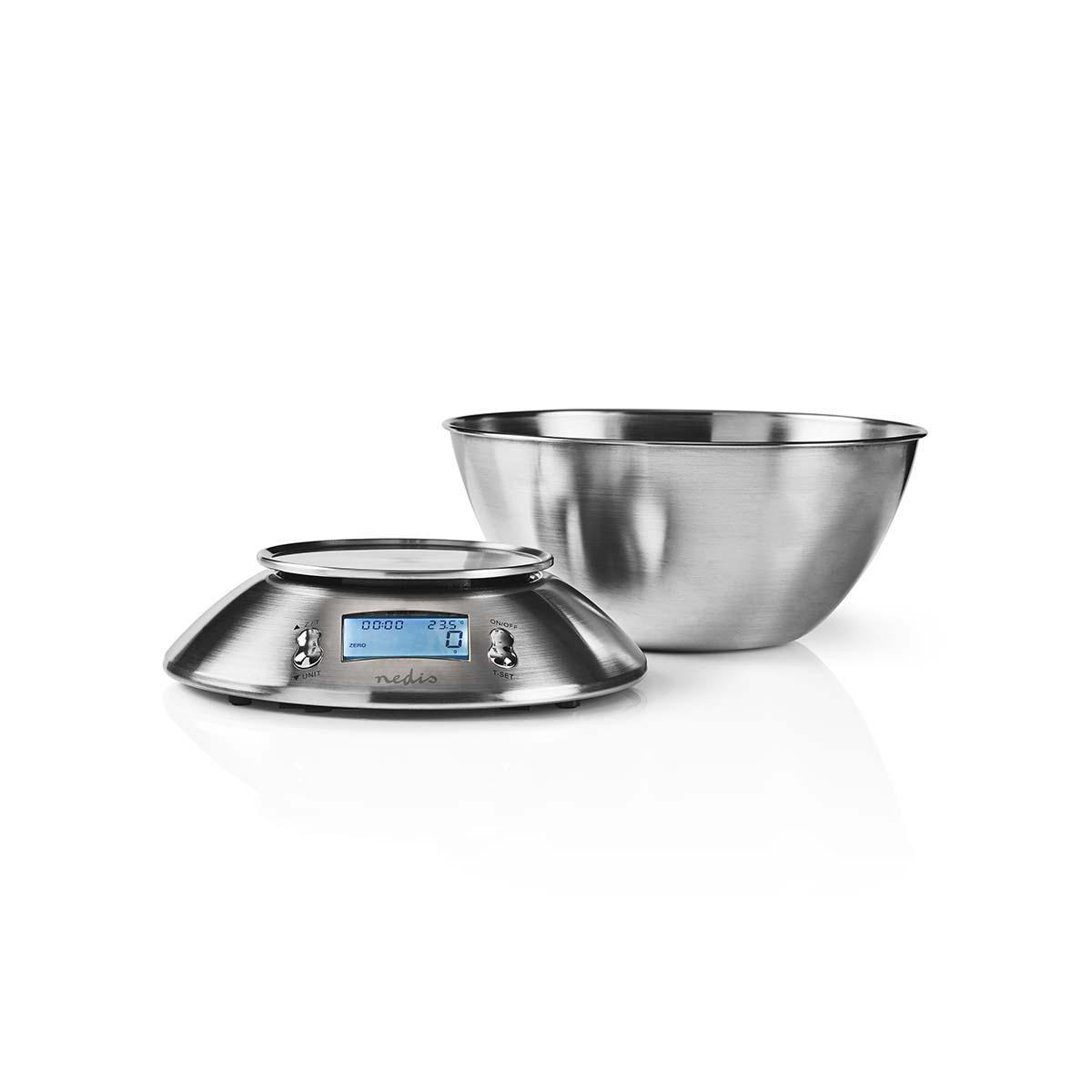 Bilancia digitale con ciotola in acciaio inox. Bilancia mostra 0,0. Ciotola accanto.