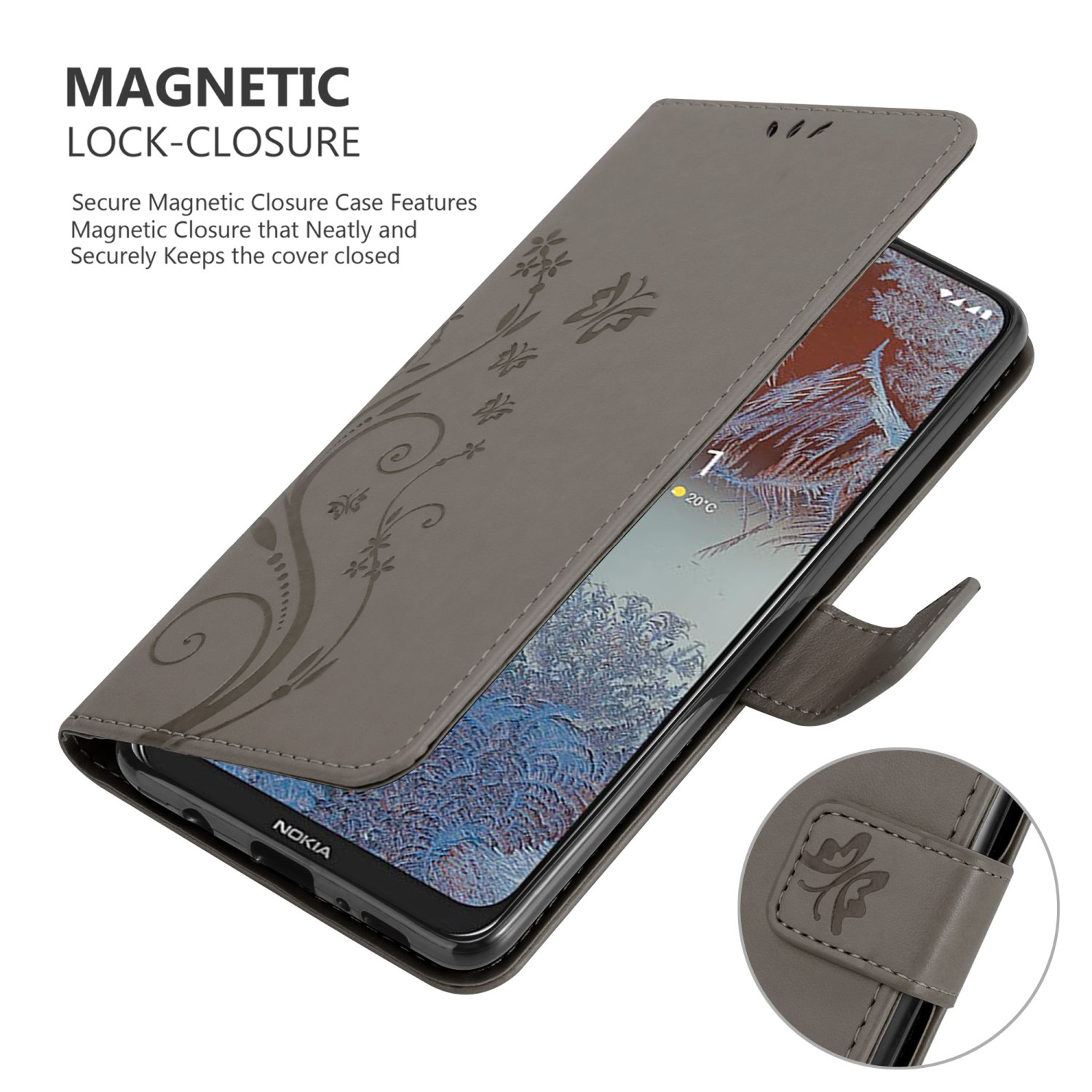 Custodia grigia per telefono con design floreale, aperta. Il telefono è visibile. Sfondo bianco.