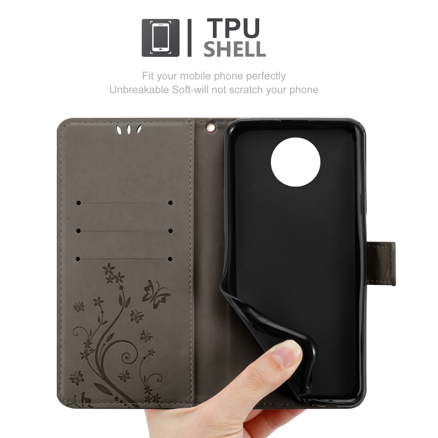 Custodia aperta con telefono all'interno, con una cover grigia con motivo floreale.