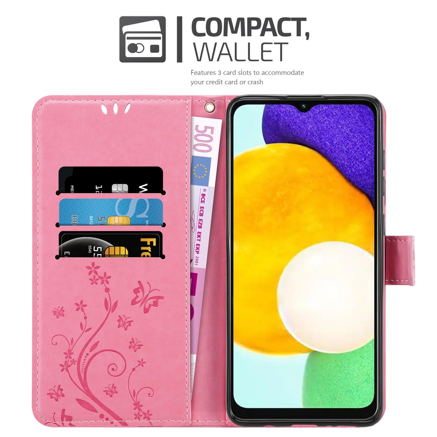 Rosa Handyhülle mit Kartenfächern und floralem Design. Der Telefonbildschirm ist mit einer Rechnung und Karten darin sichtbar.