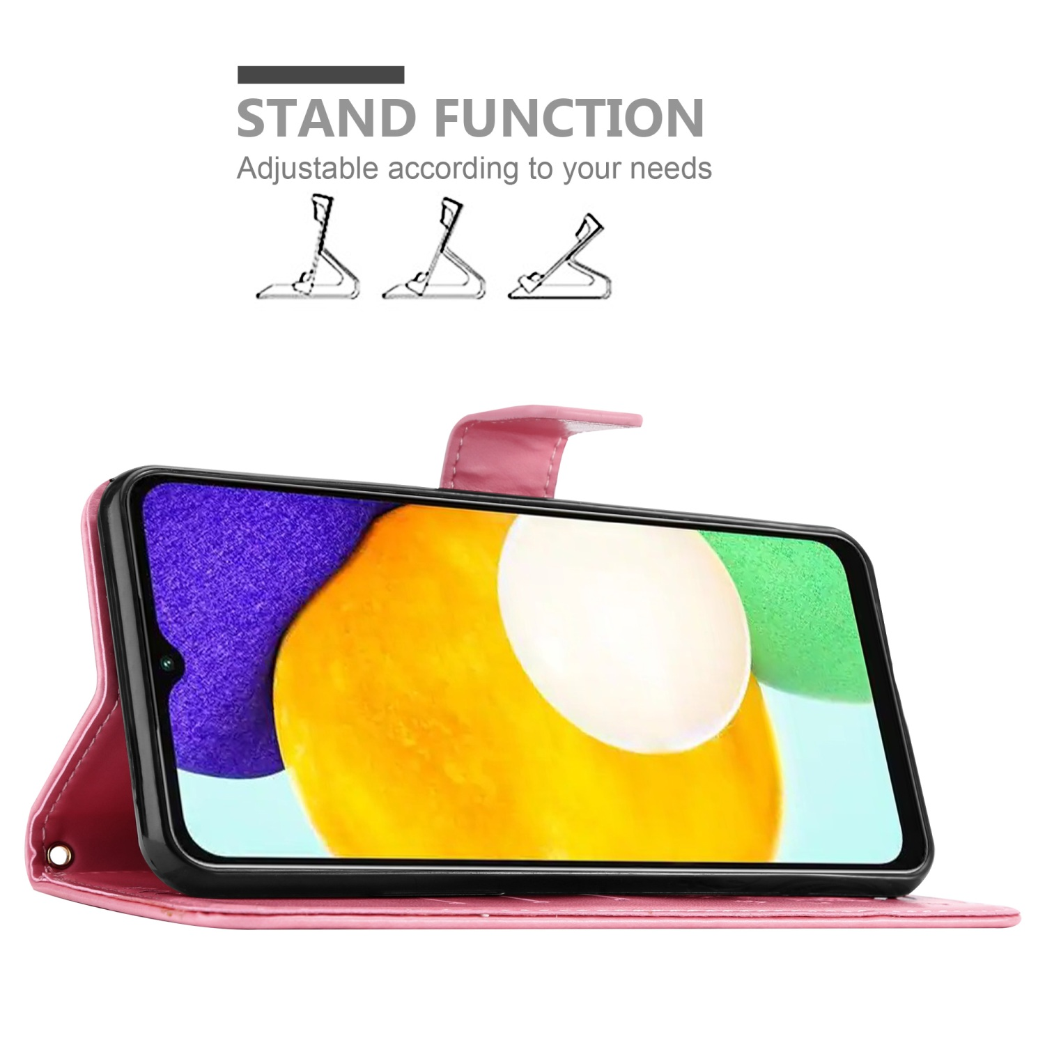 Rosa Handyhülle mit Telefon darin, in Standfunktion. Drei Standwinkeloptionen werden angezeigt.