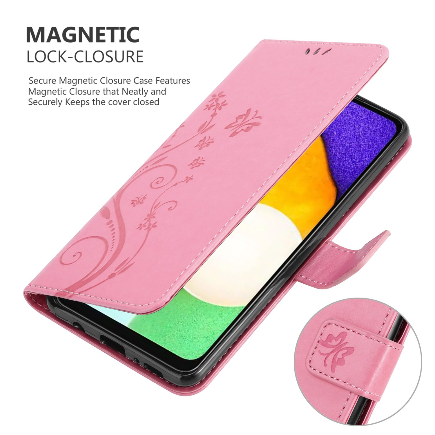Rosa Handyhülle mit Blumendesign, geöffnet, um Telefon zu zeigen. Magnetverschluss.