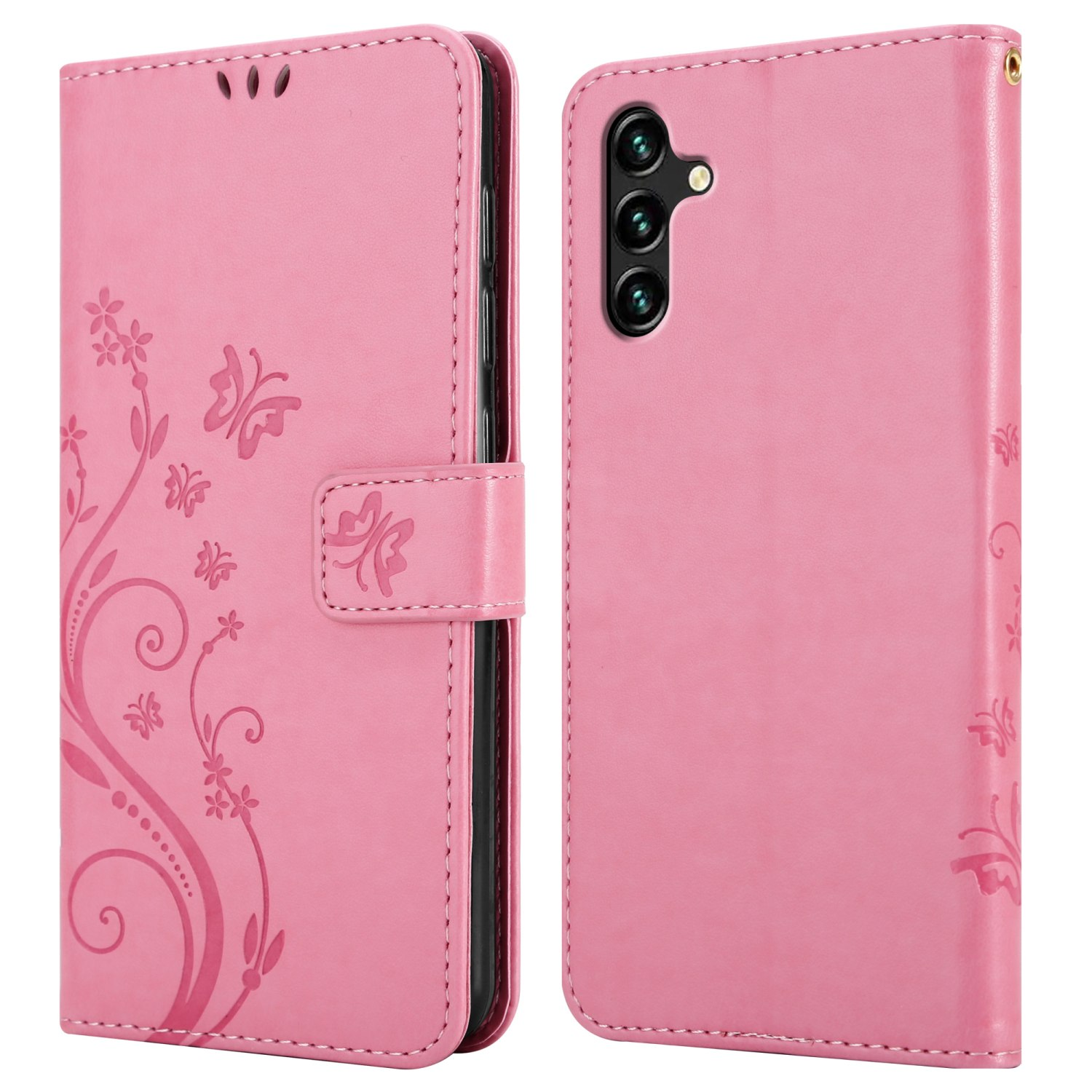 Rosa Handyhülle mit Blumen- und Schmetterlingsdesign, offen und geschlossen.