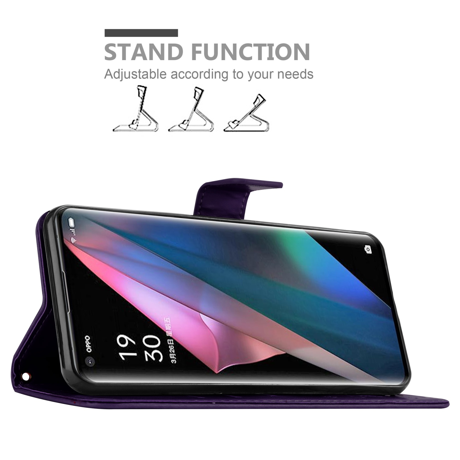 Una custodia per telefono viola, aperta, con il telefono visualizzato e un'illustrazione della funzione supporto sopra.