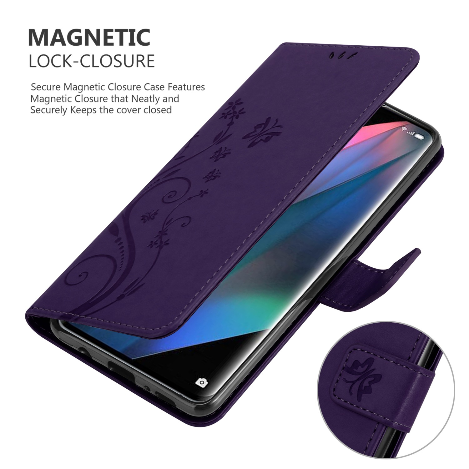 Custodia per telefono viola con design floreale, telefono all'interno. Chiusura magnetica.