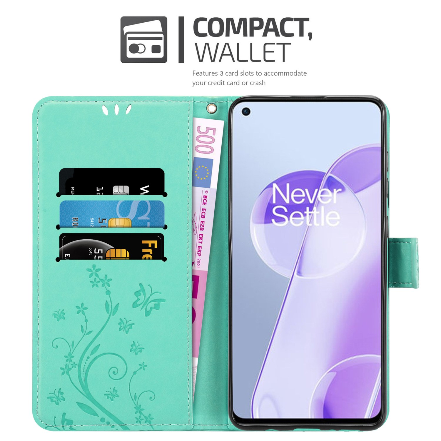 Custodia per telefono verde menta, aperta per mostrare un telefono e fessure per carte con carte. Testo: Compatto, portafoglio. Never Settle.