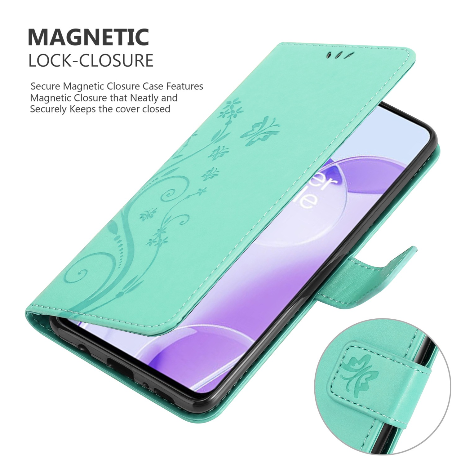 Custodia per telefono con un design floreale, aperta. Sfondo bianco.