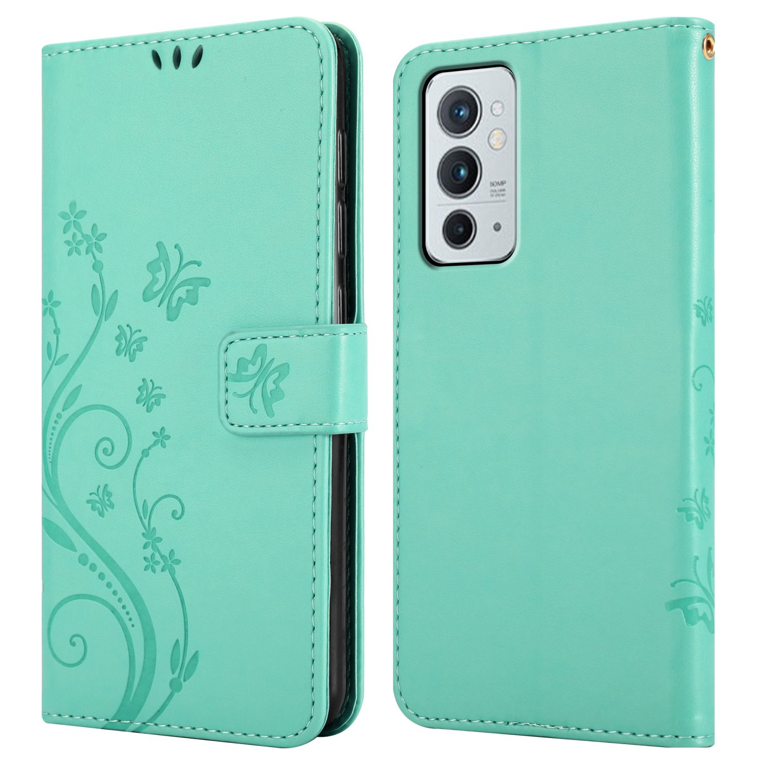 Custodia per telefono verde menta con design floreale, che mostra il retro e il davanti con chiusura magnetica.