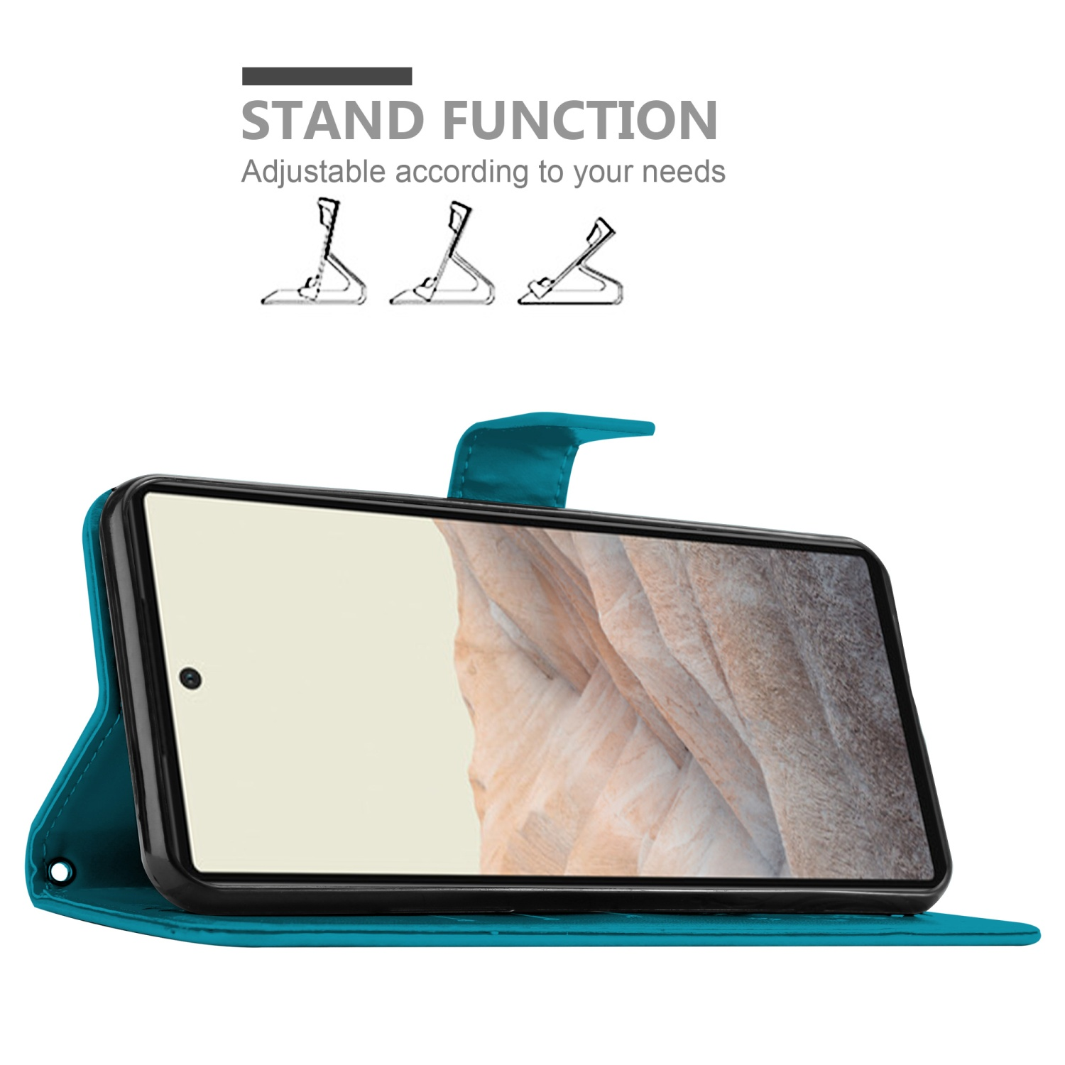 Custodia teal aperta con un telefono all'interno, in piedi. Il testo menziona la funzione stand.