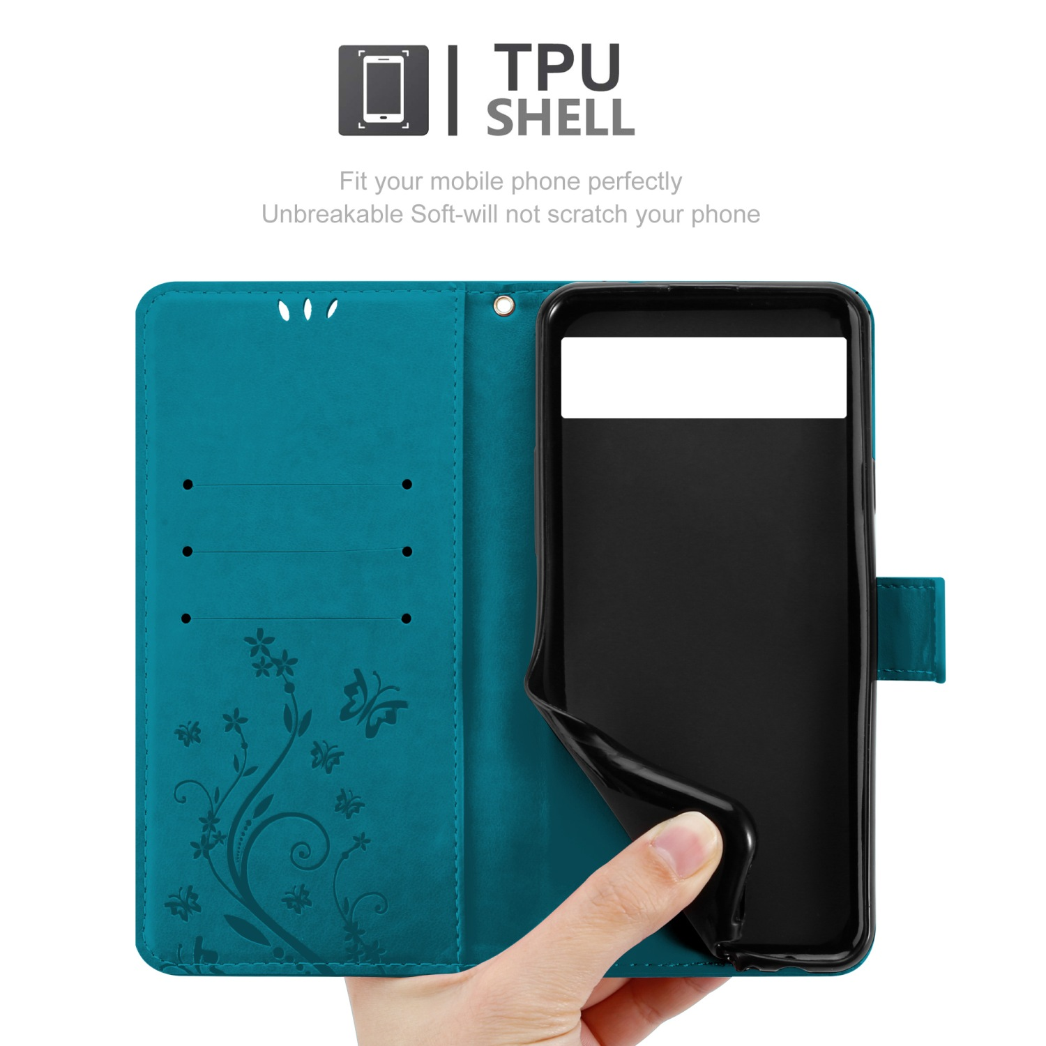 Custodia turchese per telefono con design floreale. Testo: Guscio in TPU, si adatta perfettamente, infrangibile, materiale morbido.