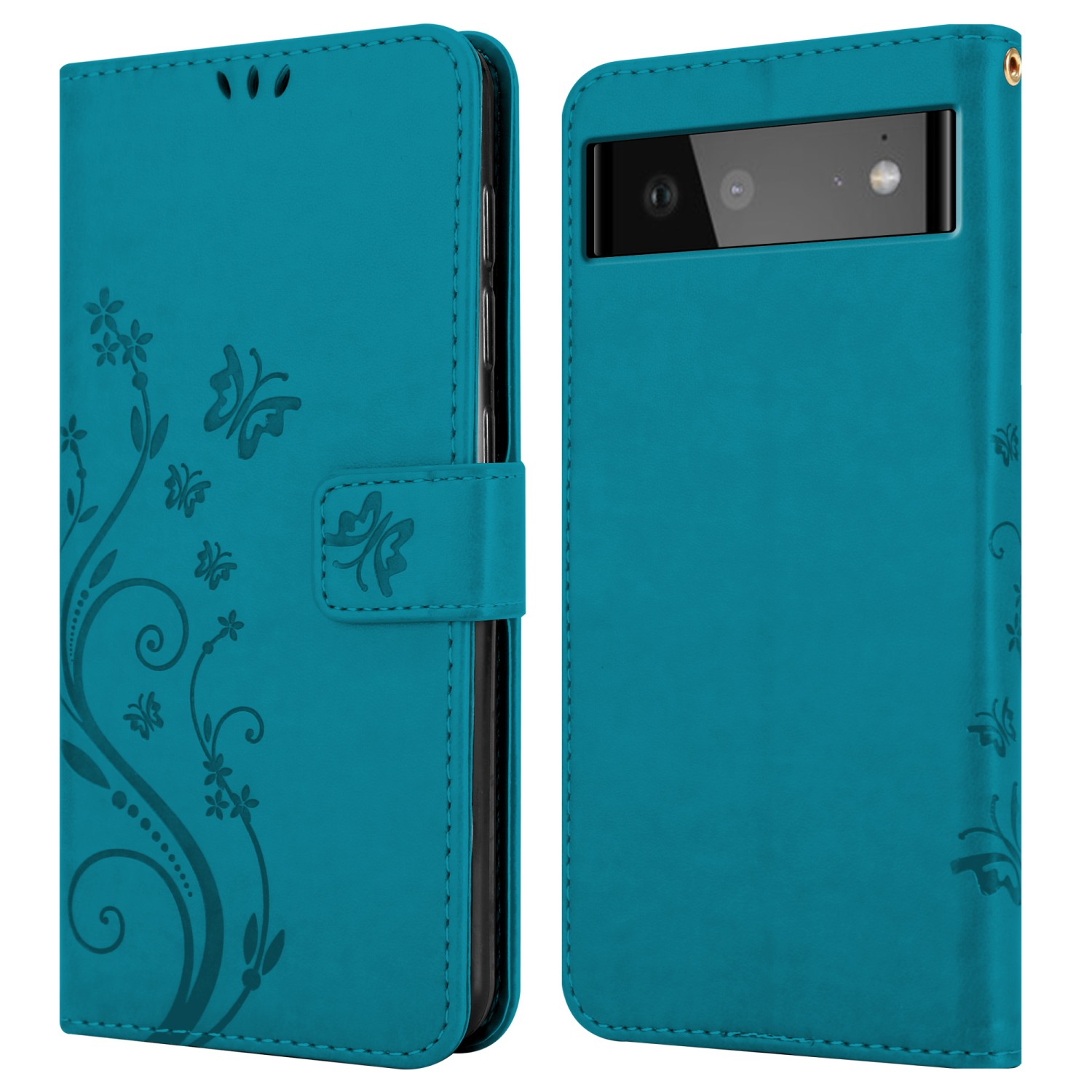 Una custodia per telefono color turchese con design floreale e ritagli a farfalla, aperta, con un telefono all'interno.