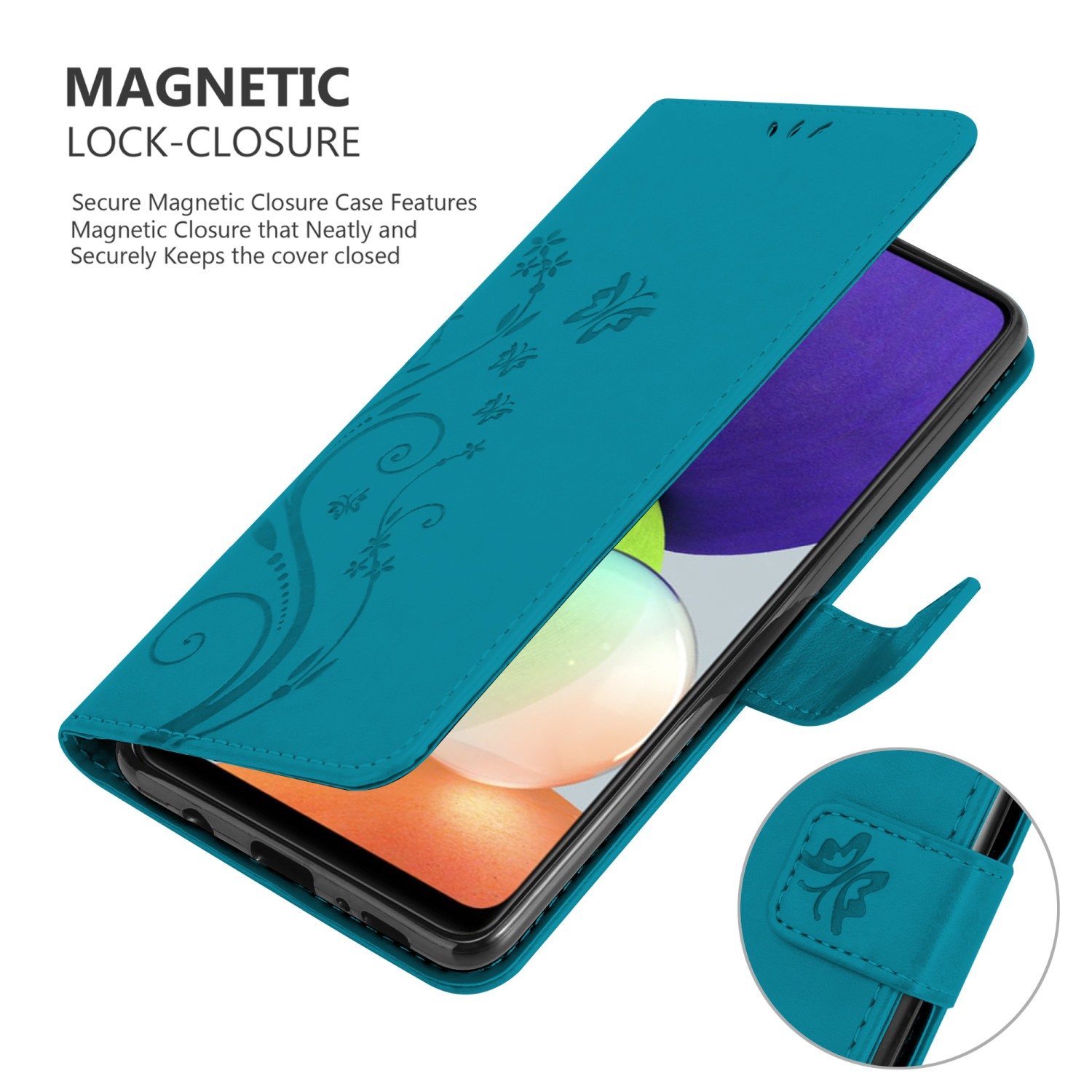 Una custodia per telefono verde acqua aperta, che mostra un telefono con un design floreale e il testo 'Magnetic Lock-Closure'.