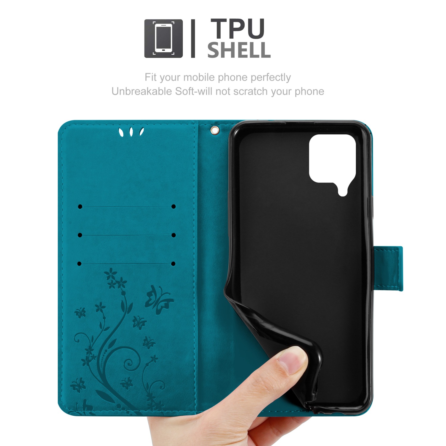 Custodia per telefono verde acqua aperta, rivela un telefono nero. Design floreale sulla custodia.