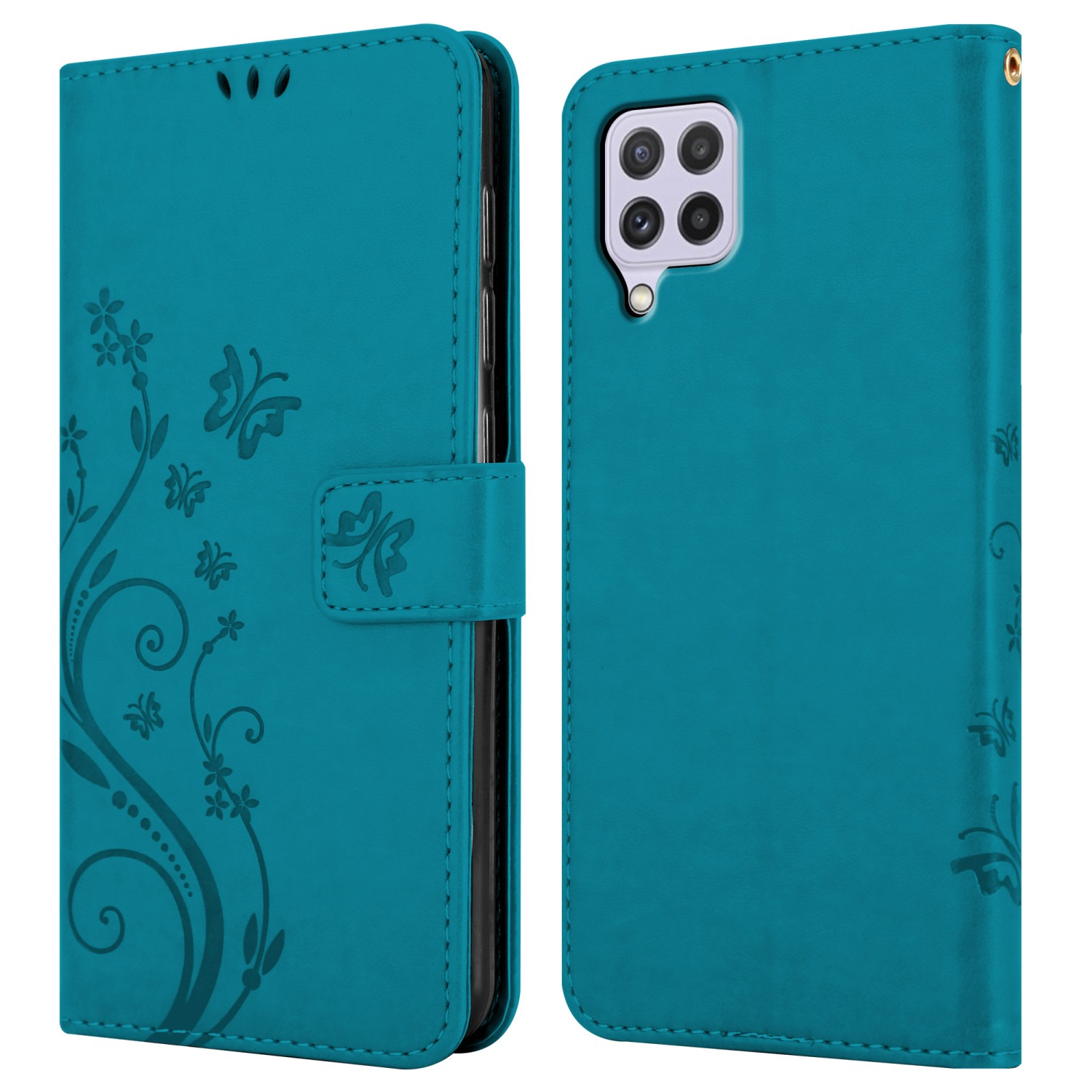 Custodia turchese con design floreale e farfalle. Telefono visibile all'interno.