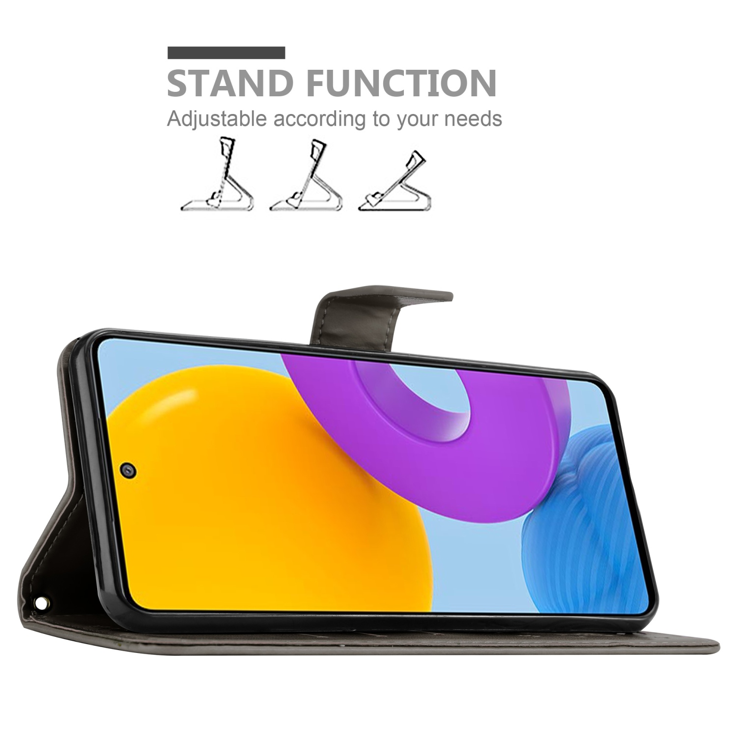 Telefono in custodia scura con supporto aperto. Lo schermo mostra un design giallo e viola.
