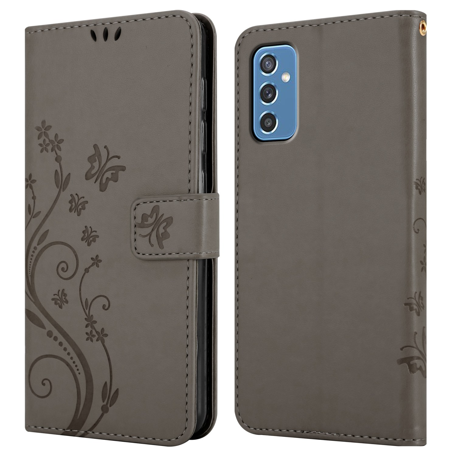Custodia per telefono grigia con design floreale e chiusura magnetica. Telefono nella custodia, viste aperte e chiuse.