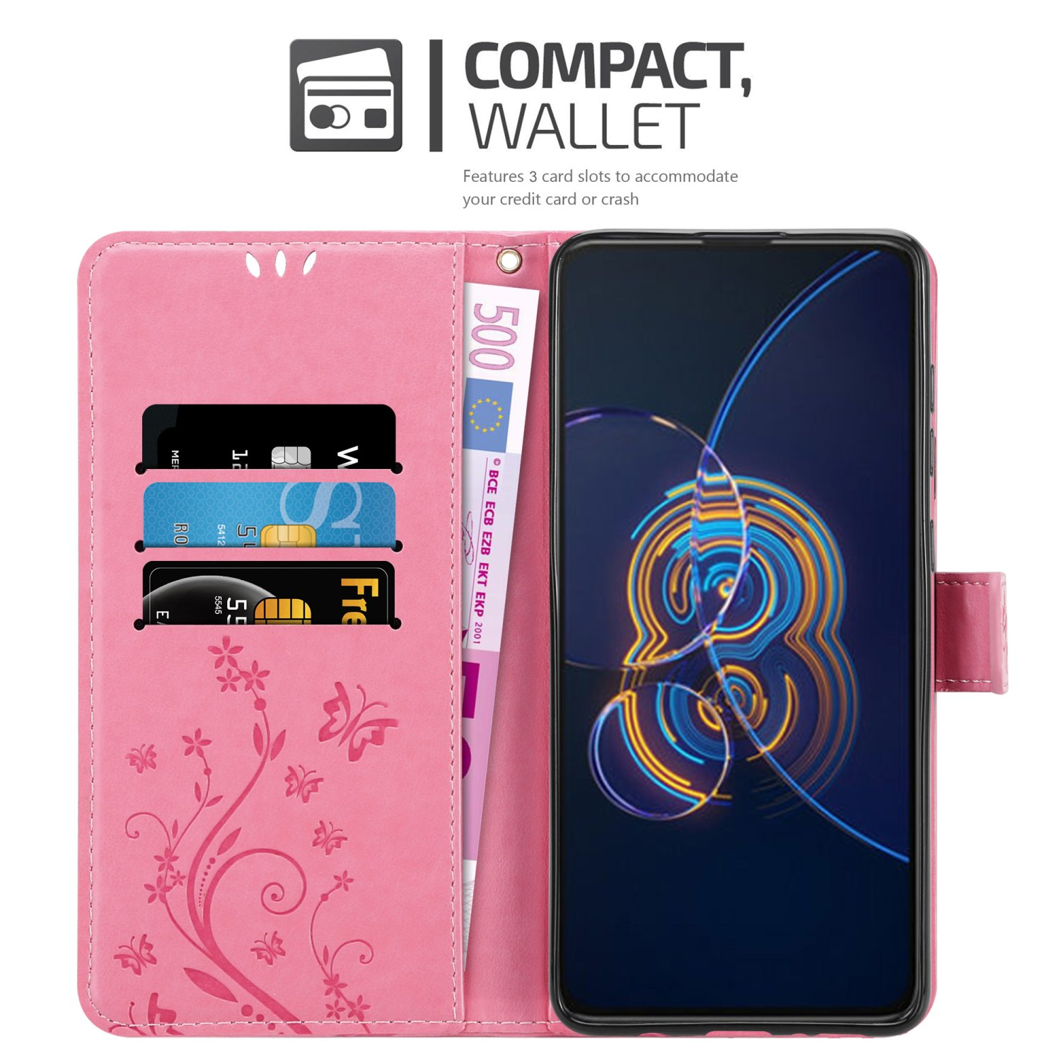 Custodia rosa con scomparti per carte, un telefono e denaro.