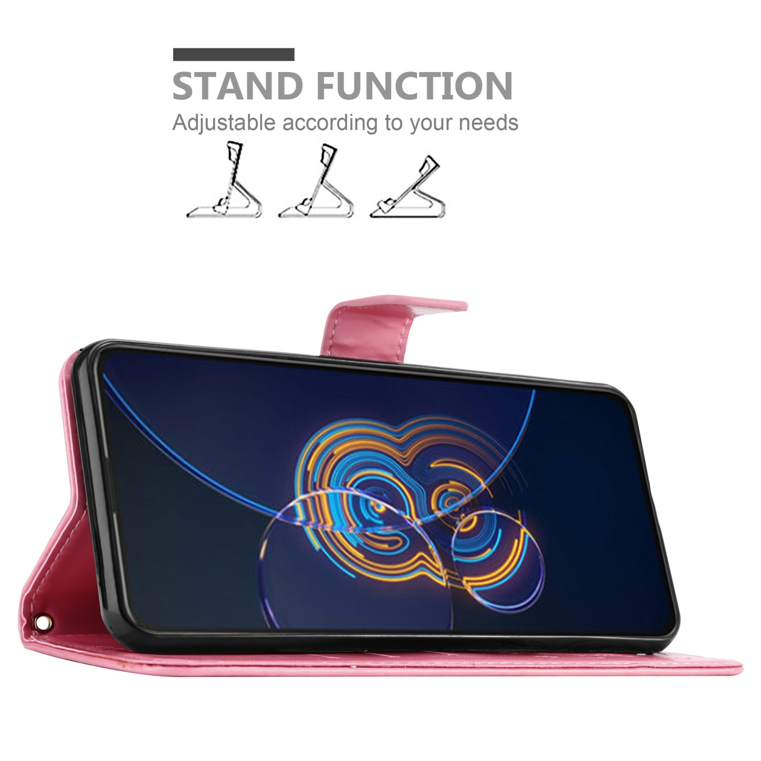 Custodia per telefono rosa con un telefono all'interno, aperta per mostrare lo schermo. La funzione stand è pubblicizzata.