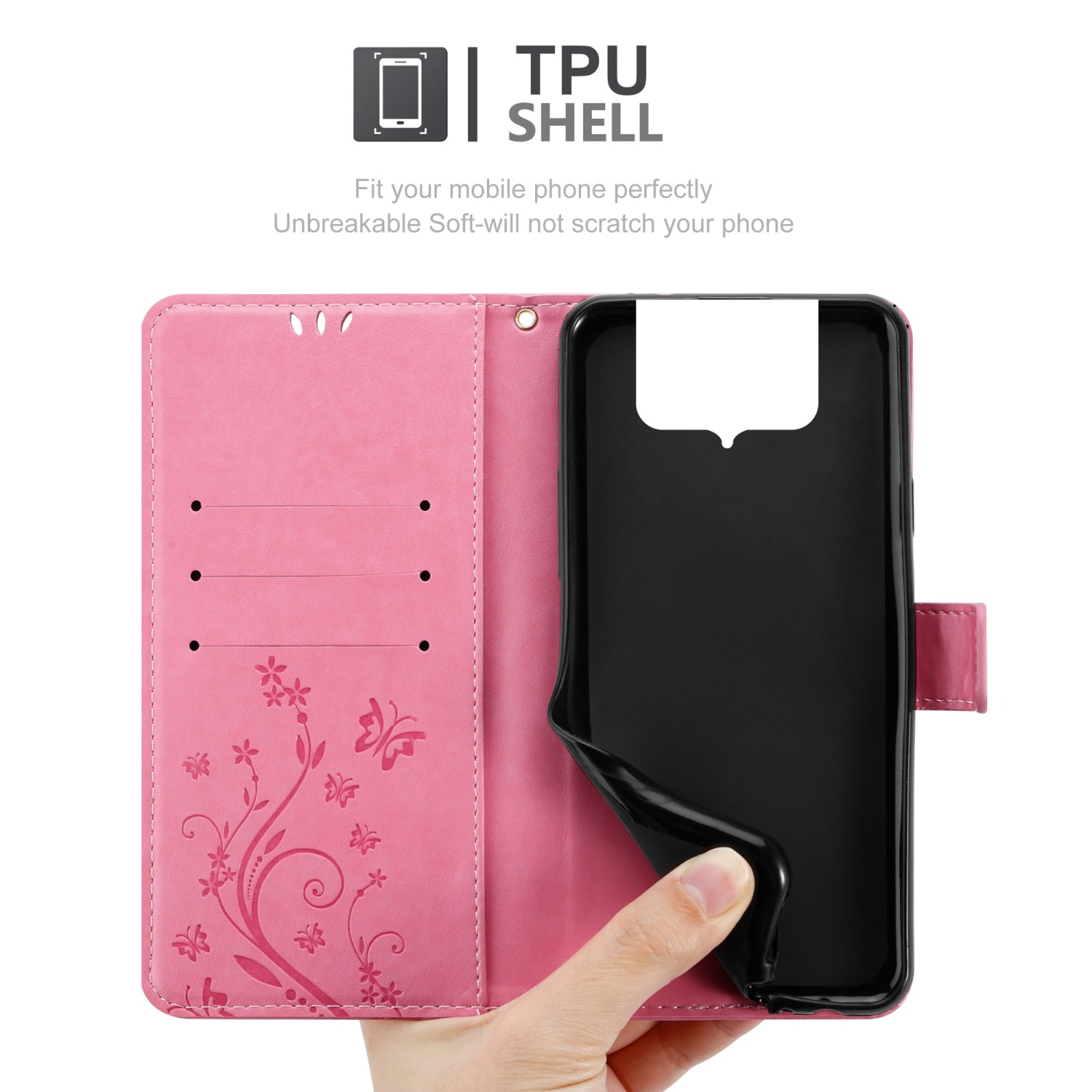 Custodia rosa per telefono aperta con telefono dentro. Farfalle visibili sulla cover.