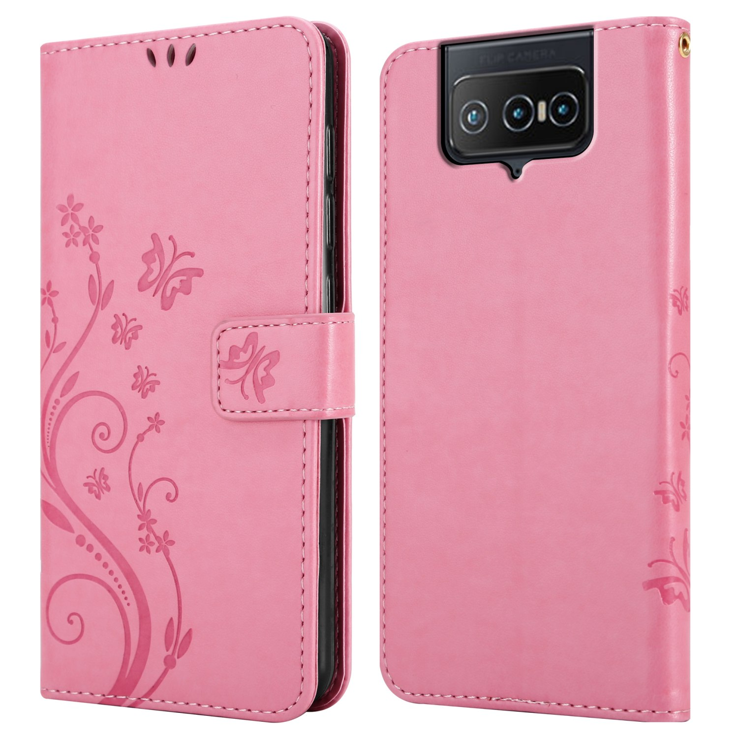 Una custodia per telefono rosa, aperta e chiusa, con motivi floreali e farfalle.