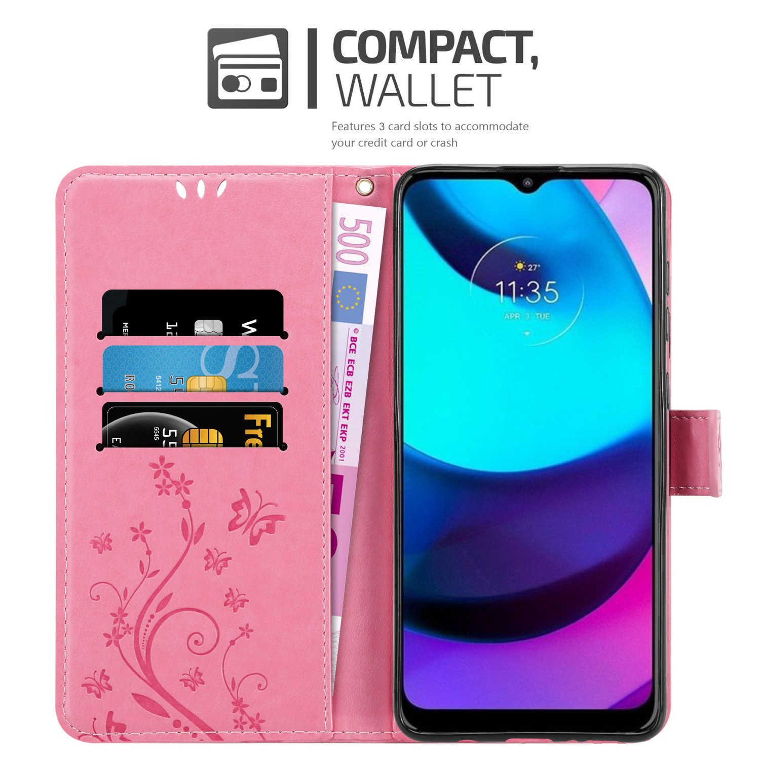 Custodia rosa con carte e telefono. Ha un design floreale e un orologio visibile alle 11:35.