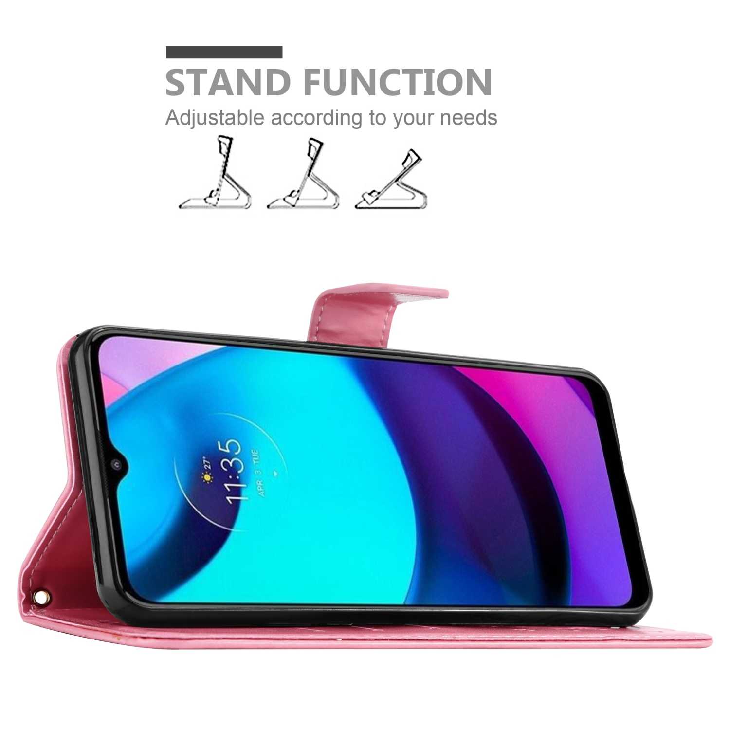 Una custodia per telefono rosa che mostra un telefono. La custodia ha una funzione di supporto per la visualizzazione regolabile.